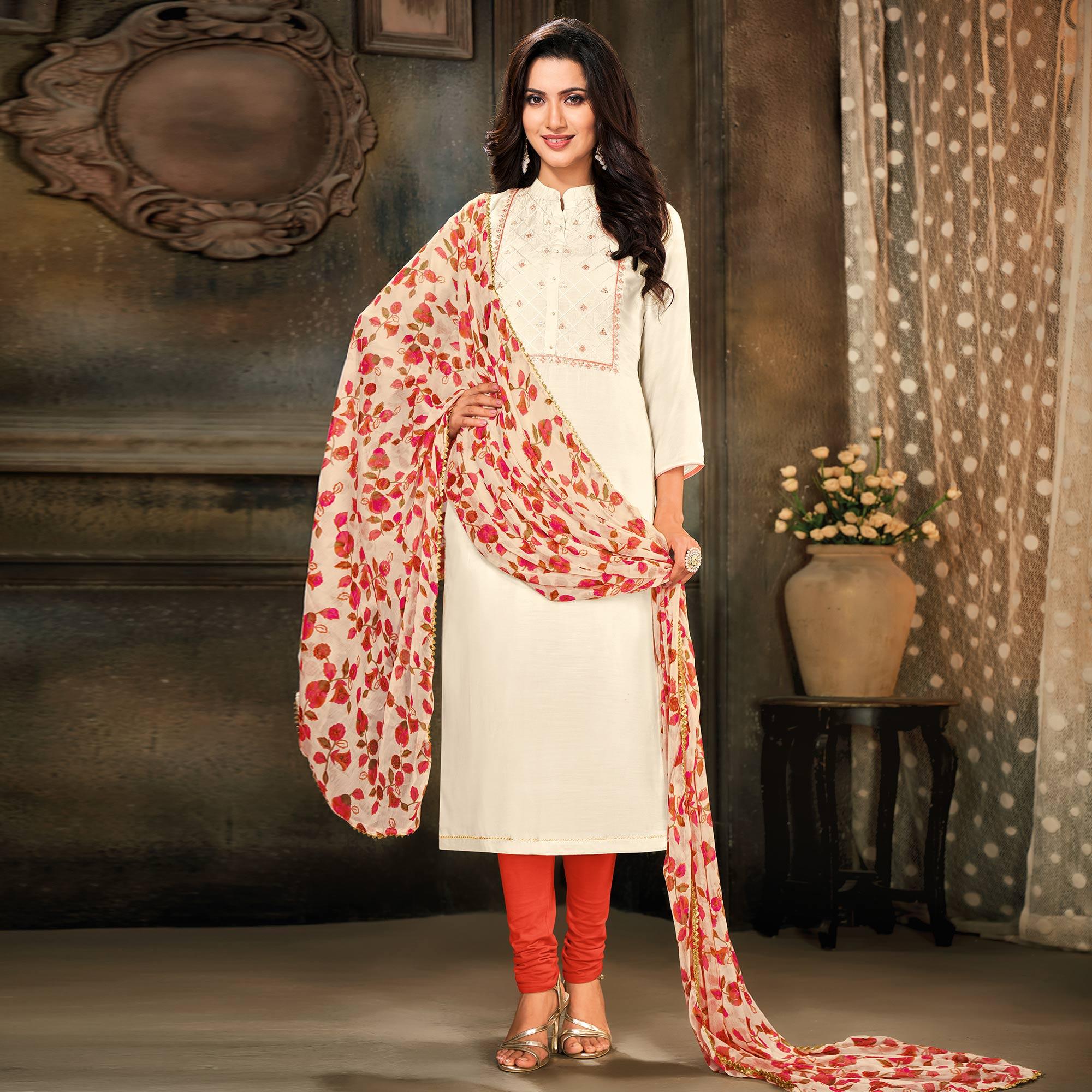 Imposing Offwhite Colored Partywear Embroidered Chanderi Dress Material - Peachmode