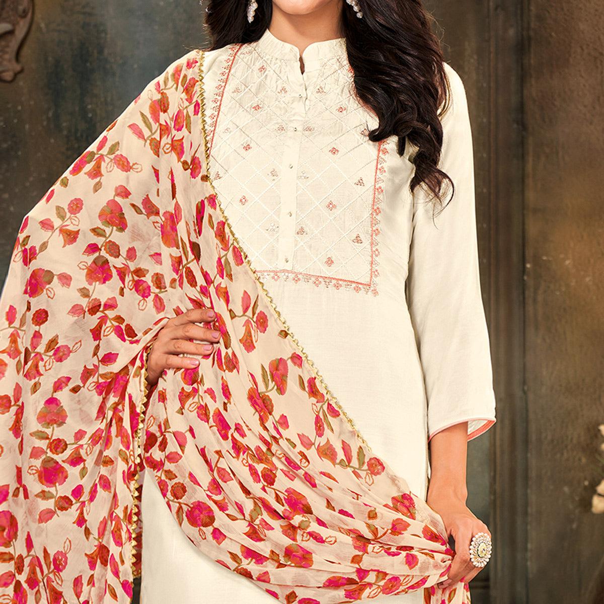 Imposing Offwhite Colored Partywear Embroidered Chanderi Dress Material - Peachmode