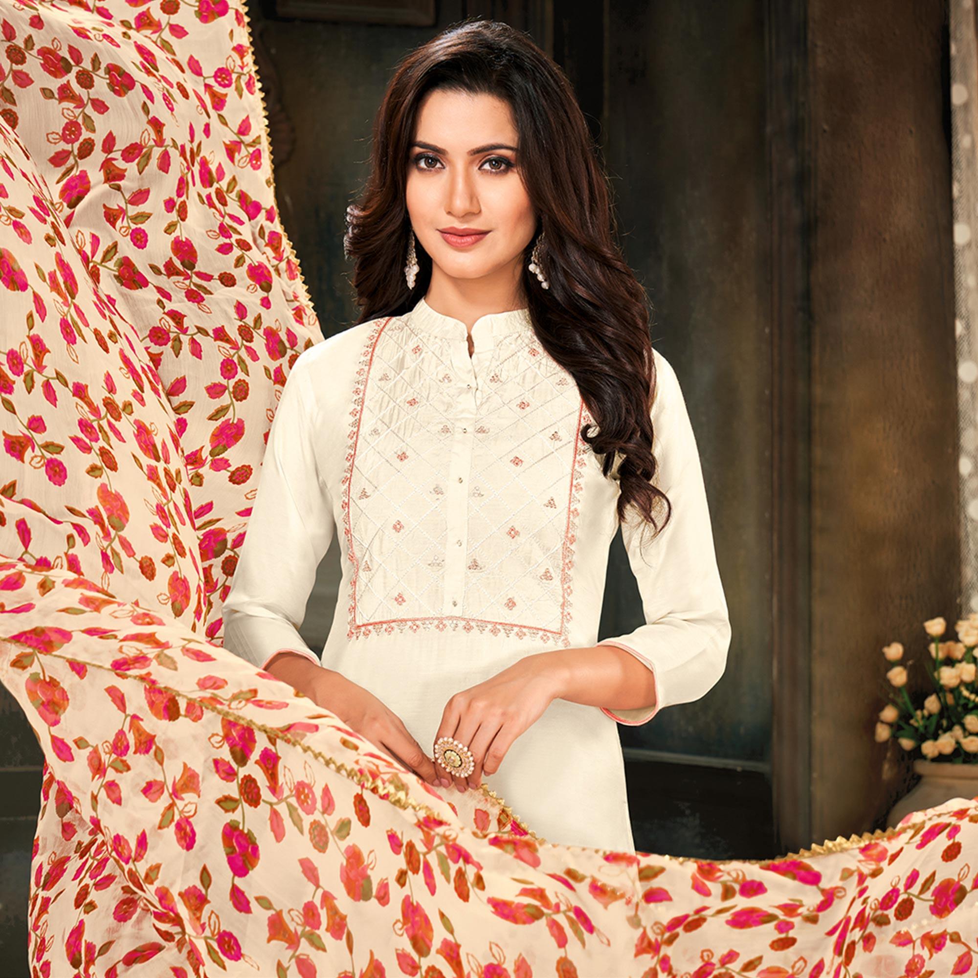Imposing Offwhite Colored Partywear Embroidered Chanderi Dress Material - Peachmode