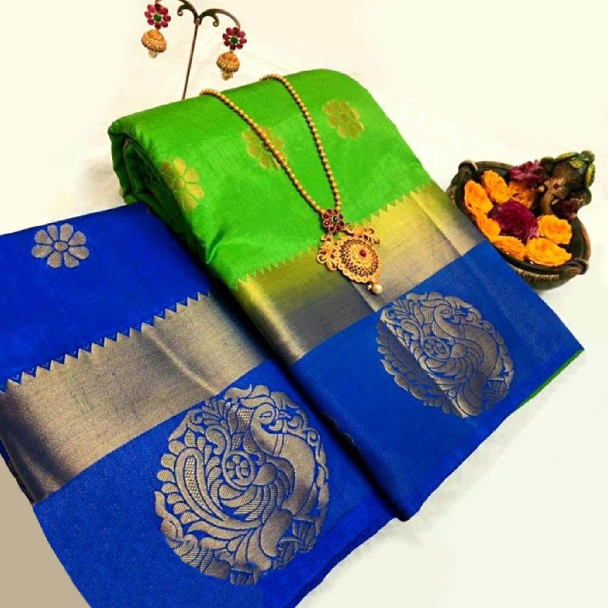 Imposing Parrot Green Colored Festive Wear Woven Art Silk Saree - Peachmode