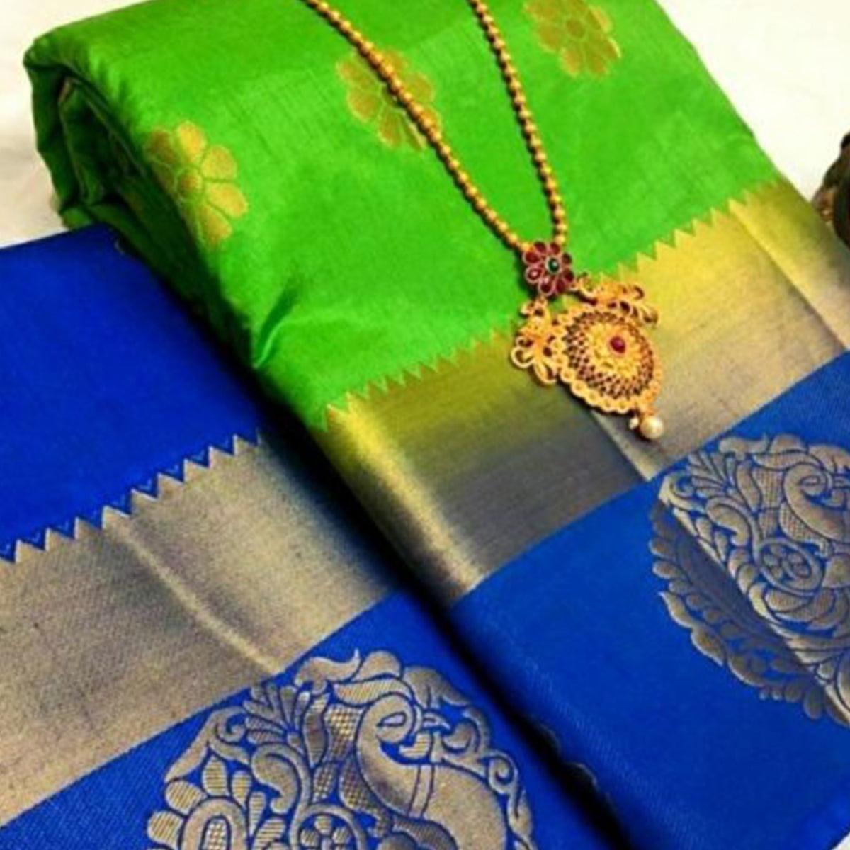 Imposing Parrot Green Colored Festive Wear Woven Art Silk Saree - Peachmode