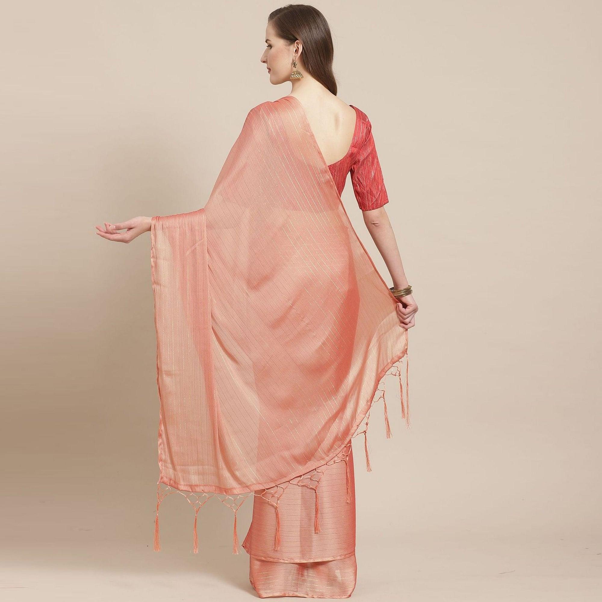Imposing Peach Colored Casual Wear Printed Poly Georgette Saree - Peachmode