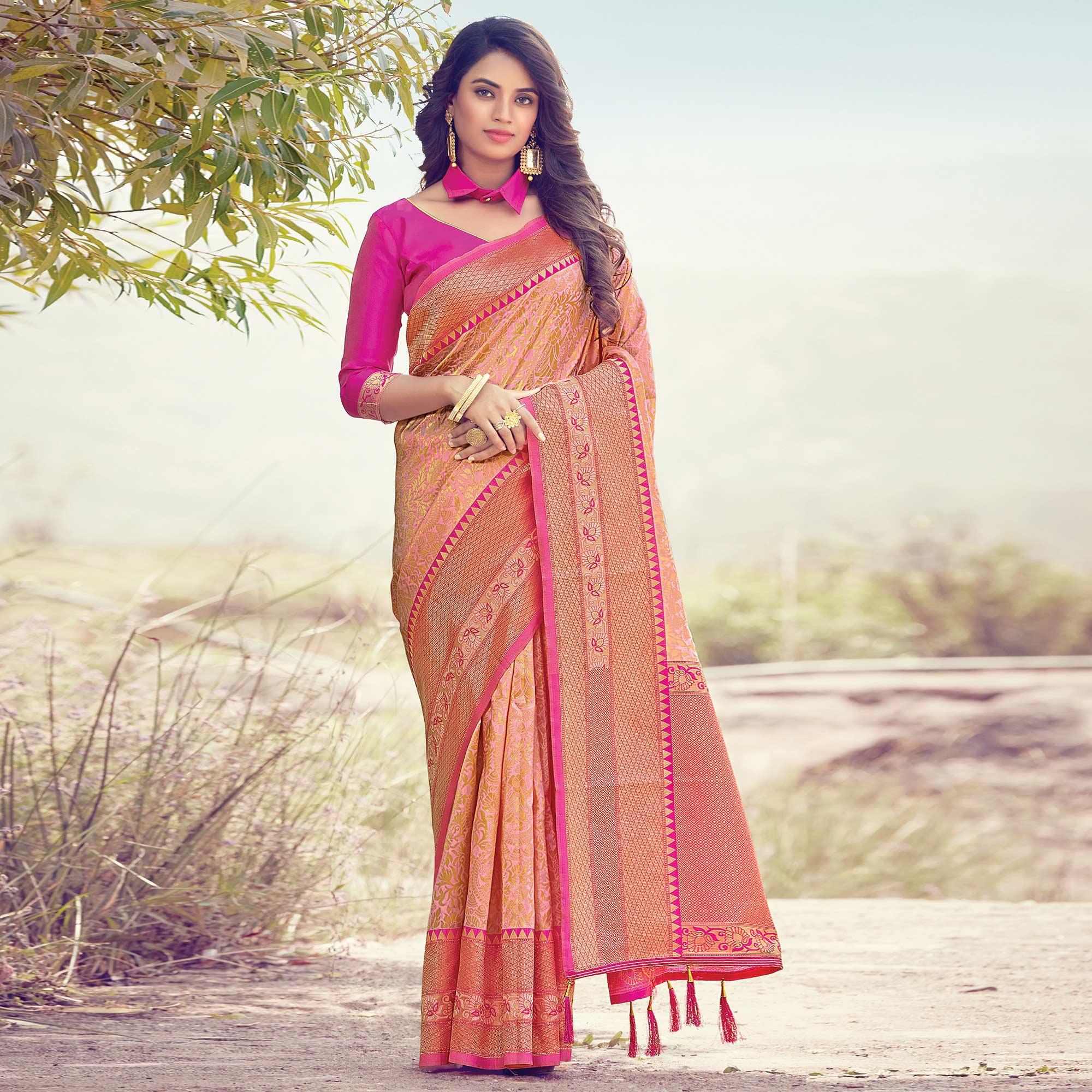 Imposing Peach Colored Festive Wear Woven Silk Saree - Peachmode