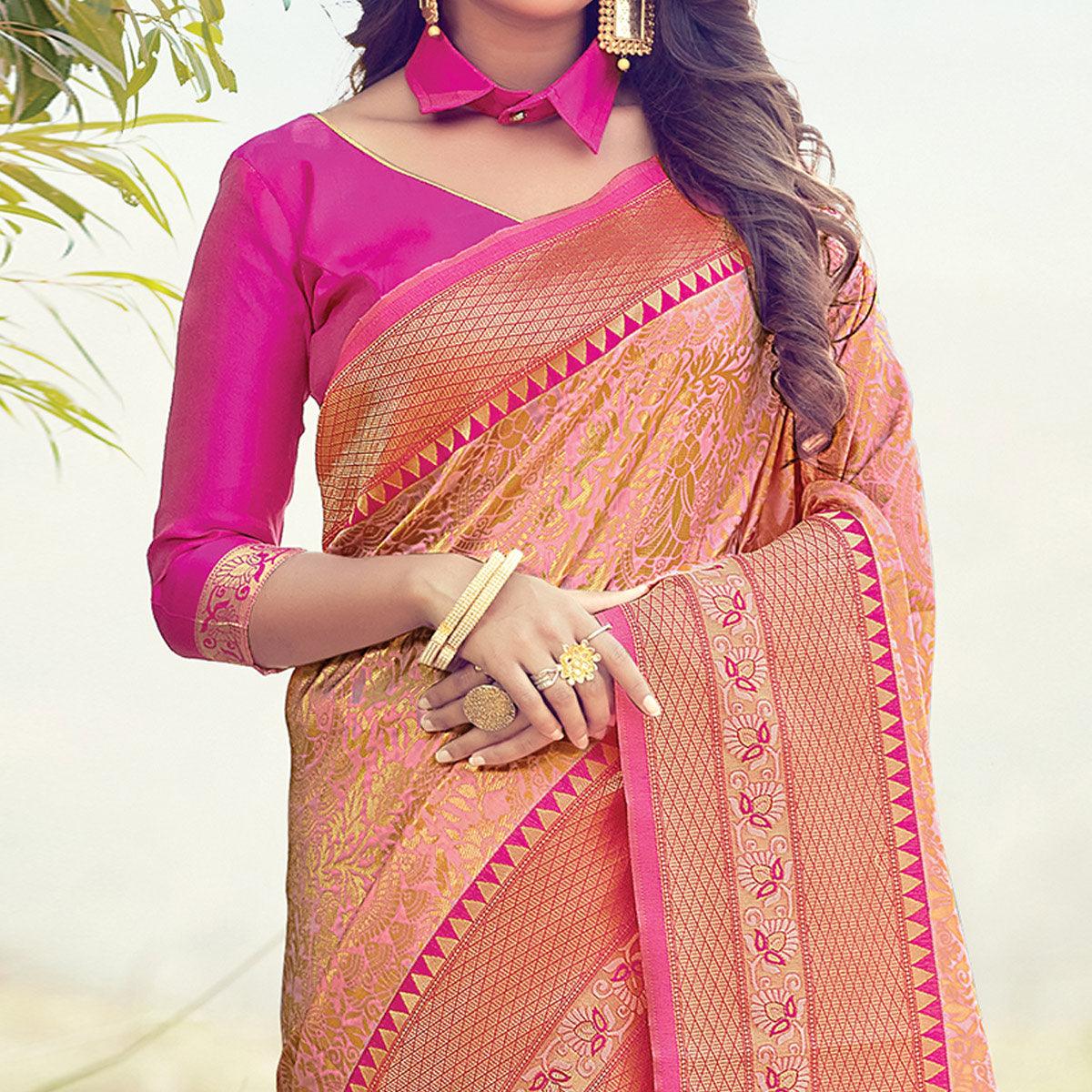 Imposing Peach Colored Festive Wear Woven Silk Saree - Peachmode