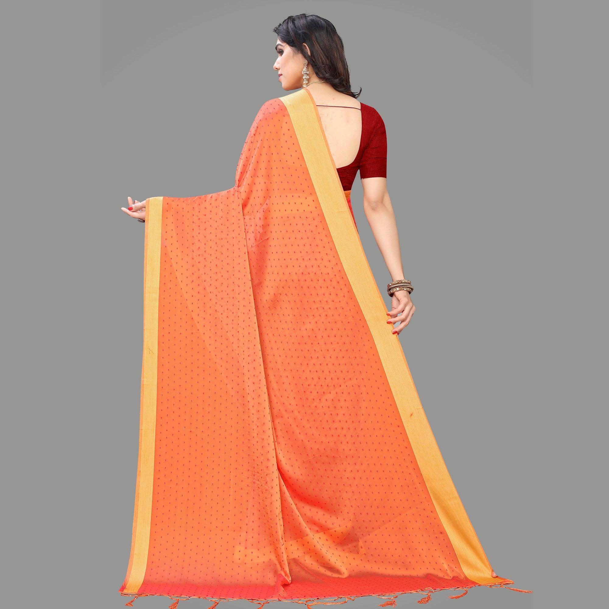 Imposing Peach Colored Party Wear Printed Poly Georgette Saree With Tassels - Peachmode