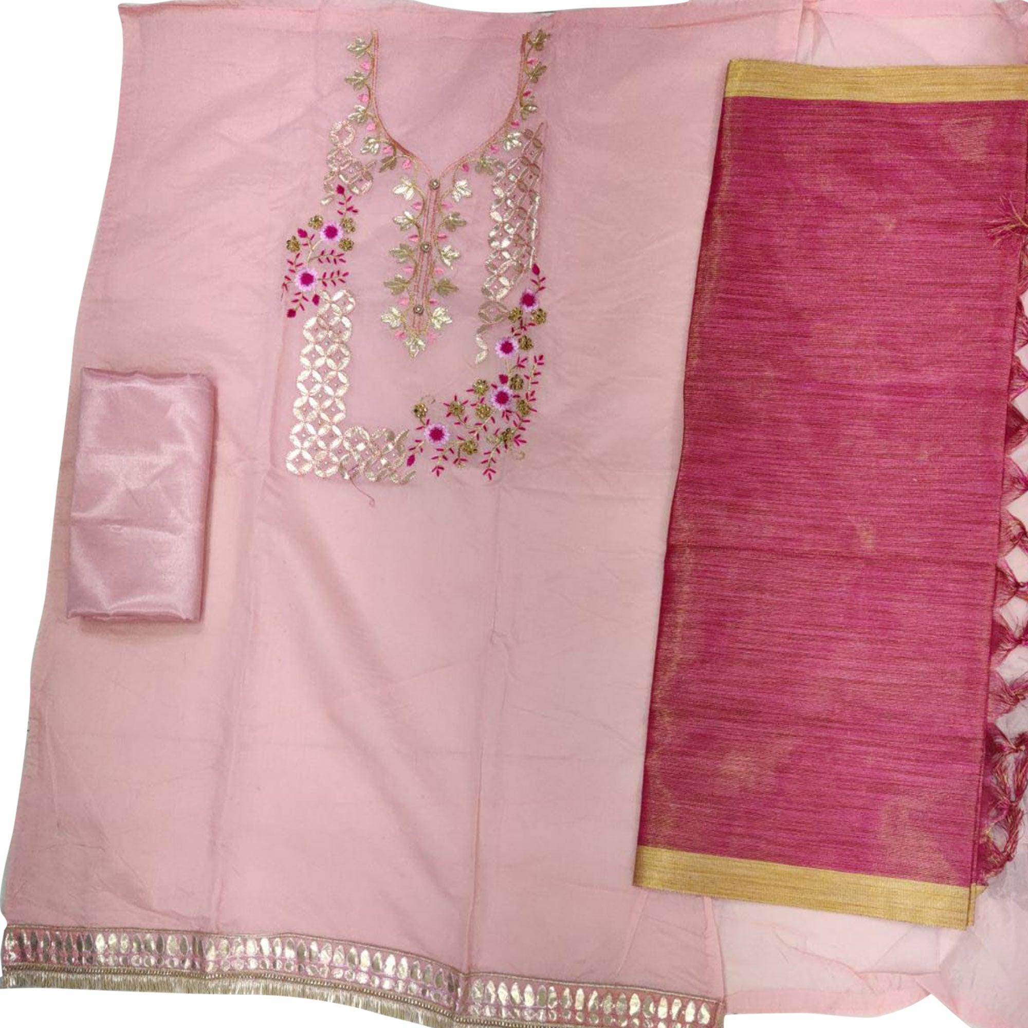 Imposing Pink Colored Casual Embroidered Modal Chanderi Dress Material - Peachmode