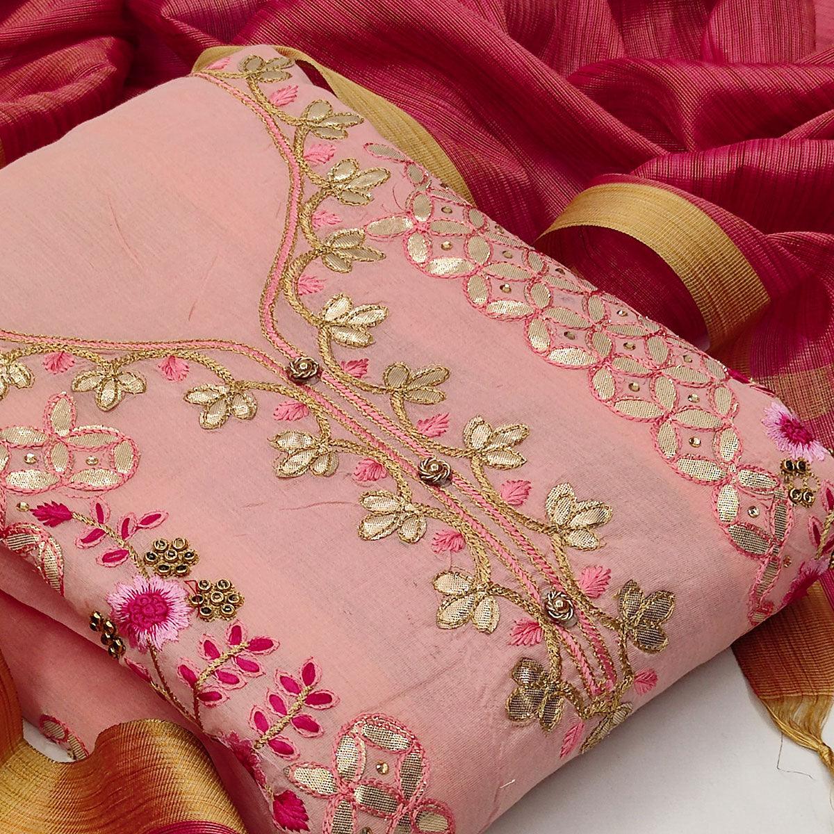 Imposing Pink Colored Casual Embroidered Modal Chanderi Dress Material - Peachmode