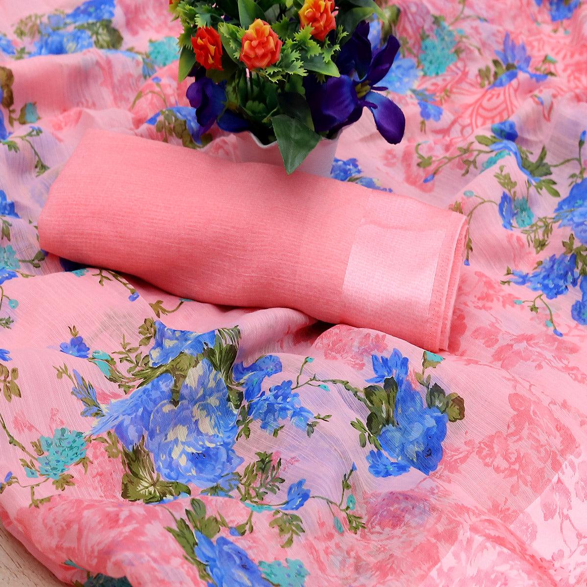 Imposing Pink Colored Casual Wear Floral Printed Cotton Blend Saree - Peachmode