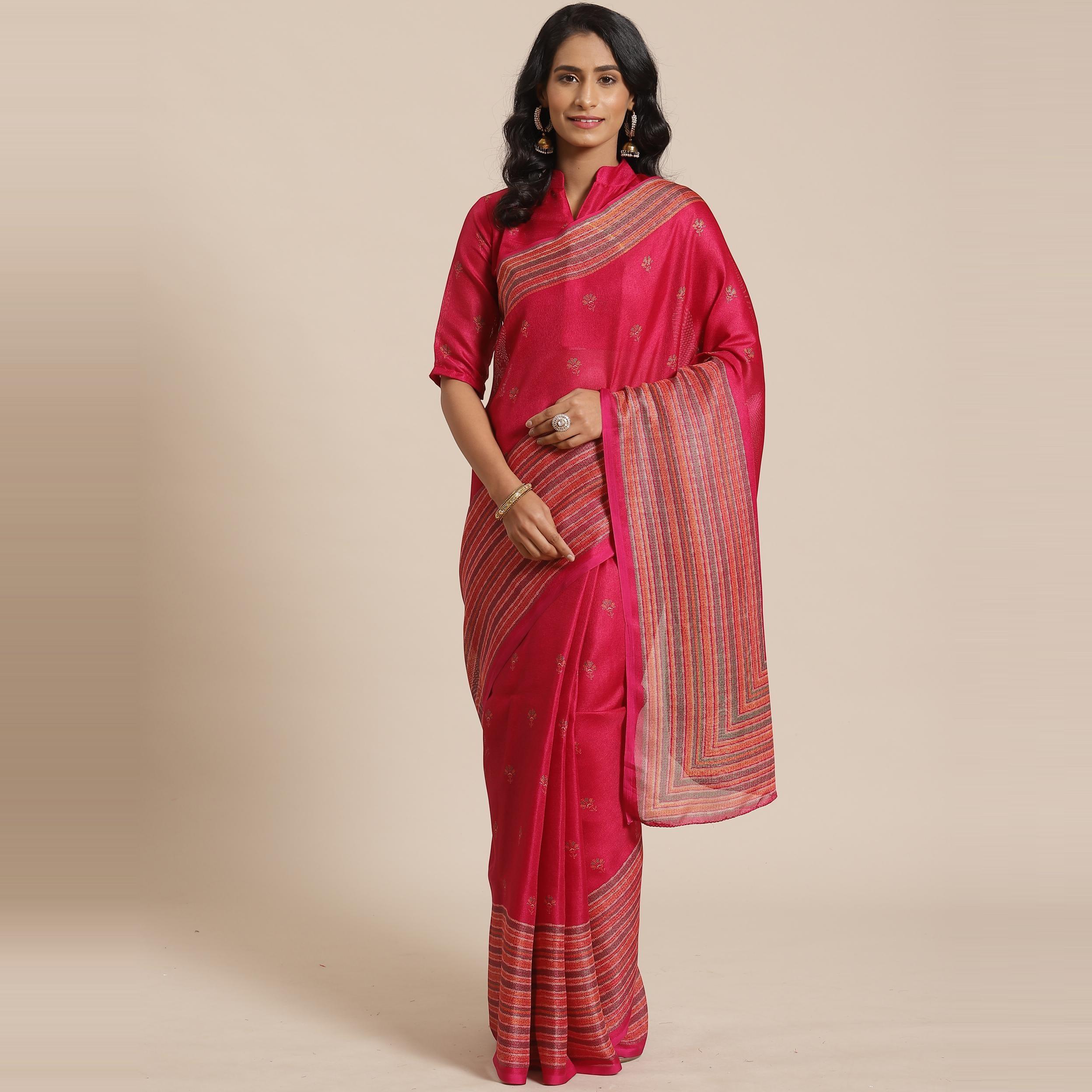 Imposing Pink Colored Casual Wear Printed Jute Silk Saree - Peachmode