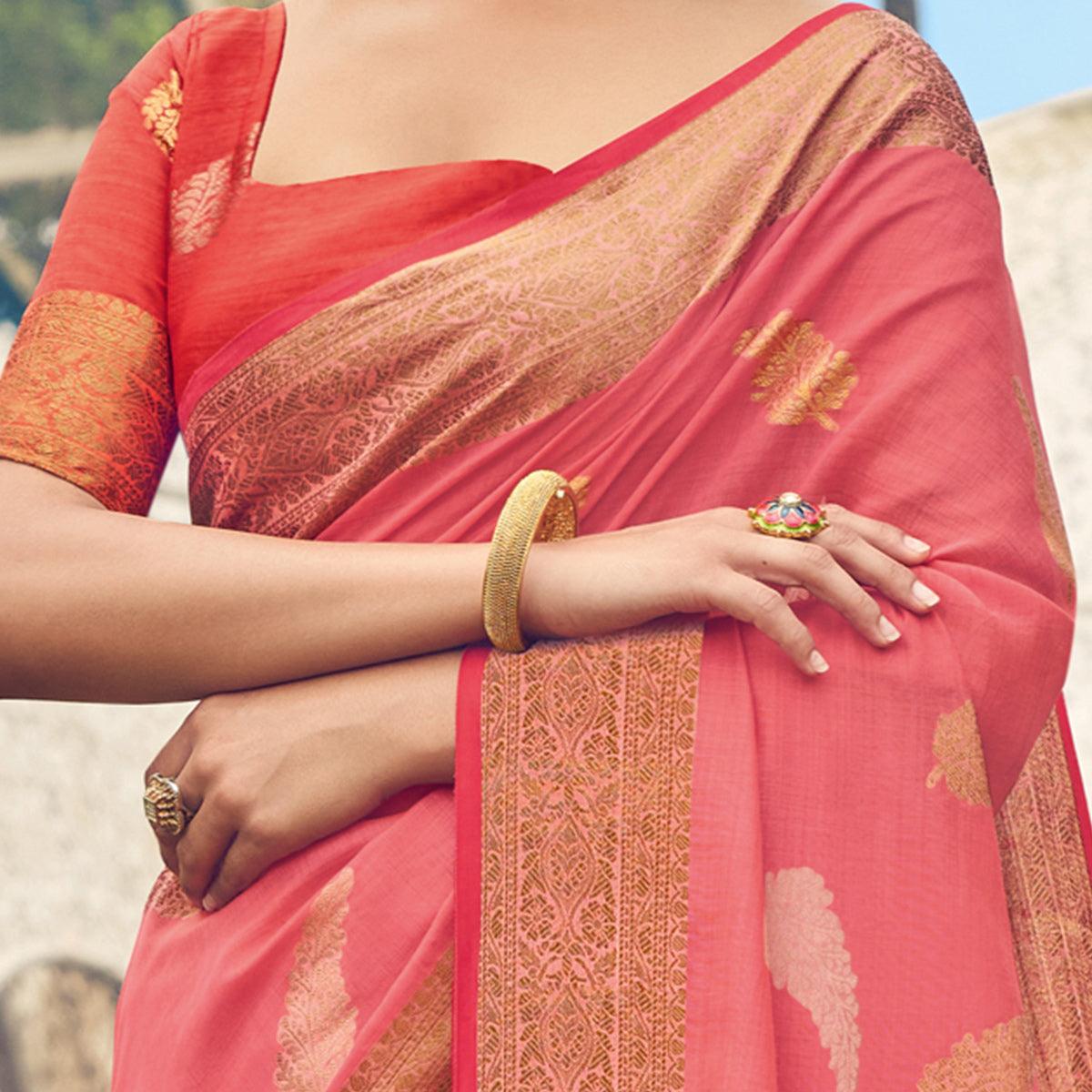Imposing Pink Colored Festive Wear Woven Cotton Handloom Saree - Peachmode