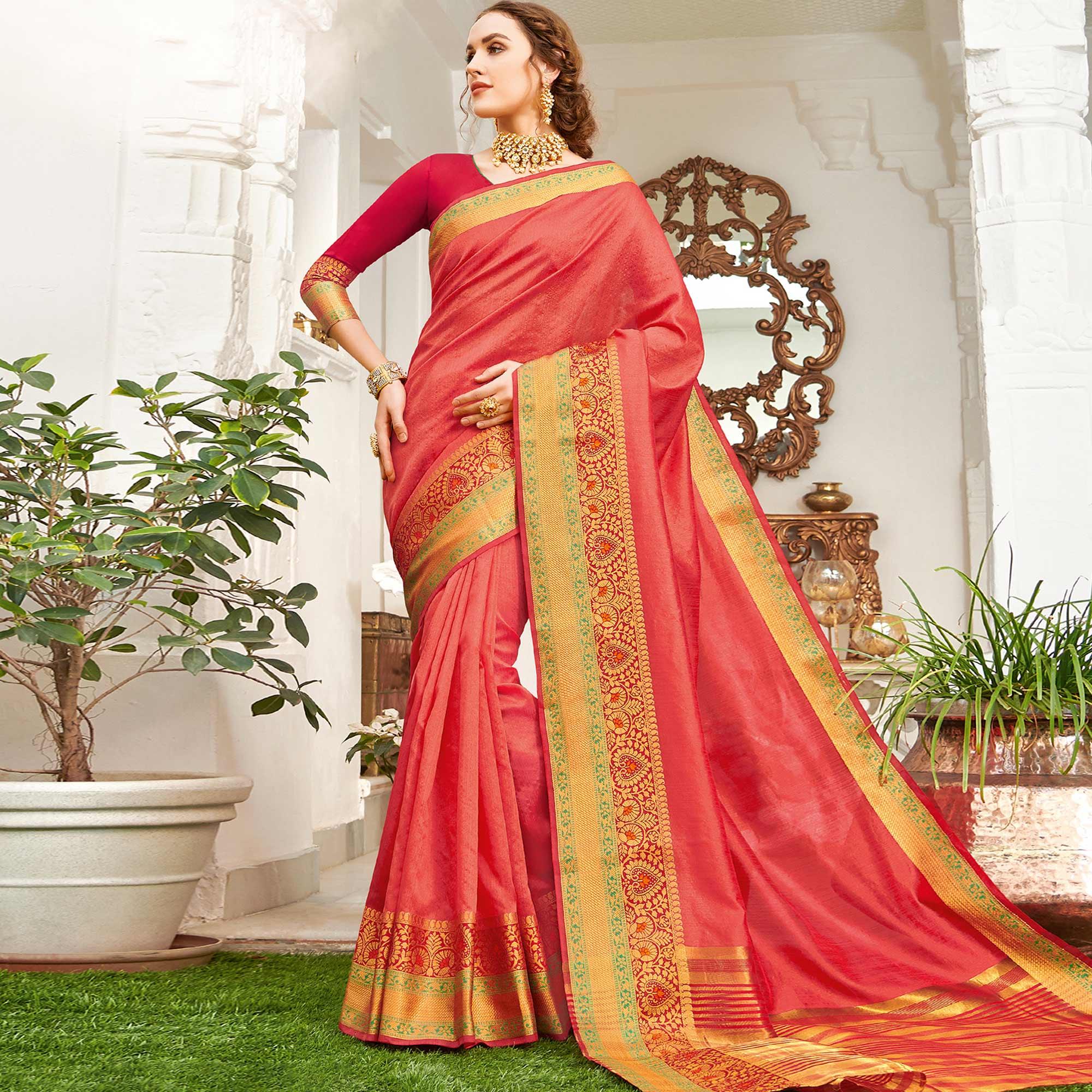 Imposing Pink Colored Festive Wear Woven Handloom Silk Saree - Peachmode