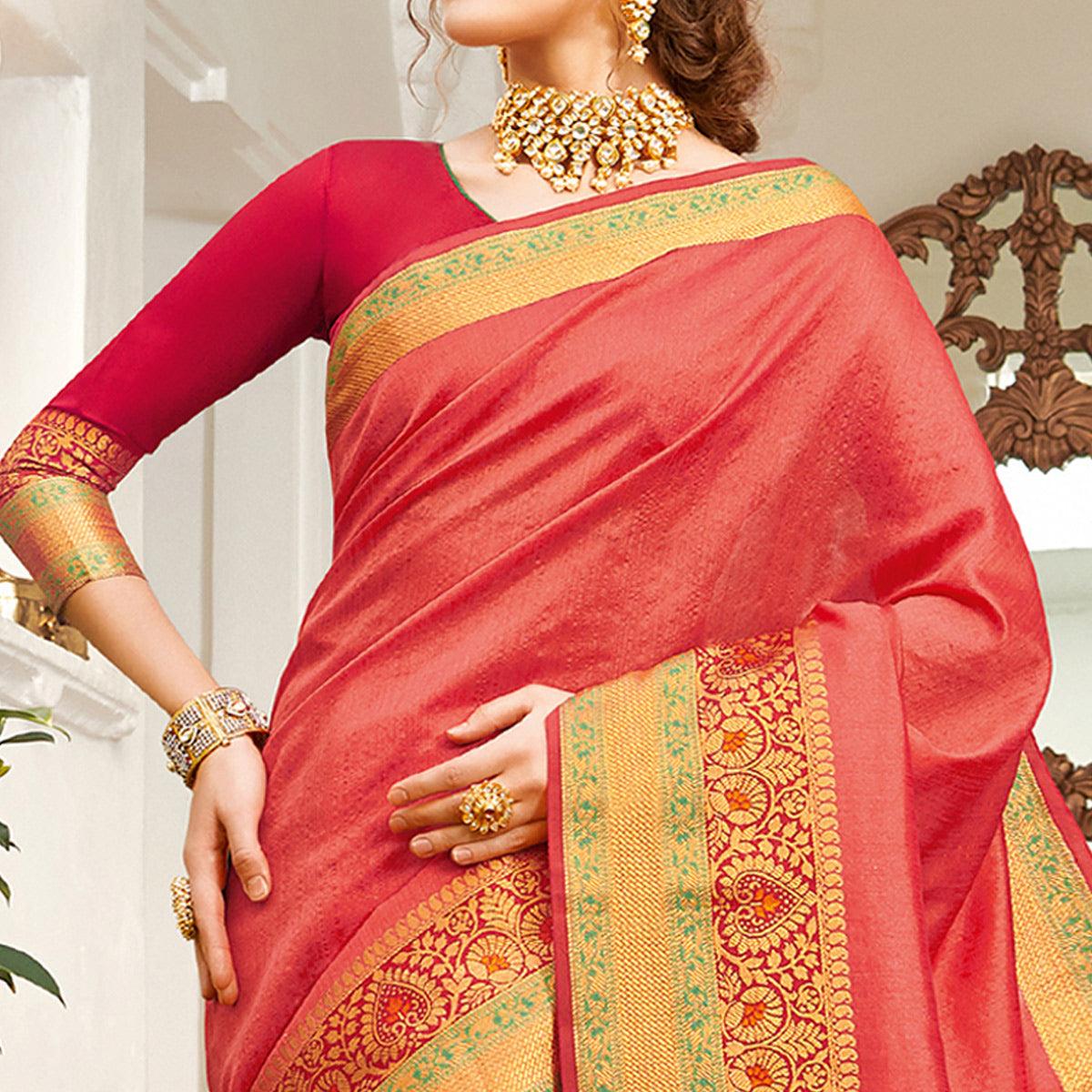 Imposing Pink Colored Festive Wear Woven Handloom Silk Saree - Peachmode