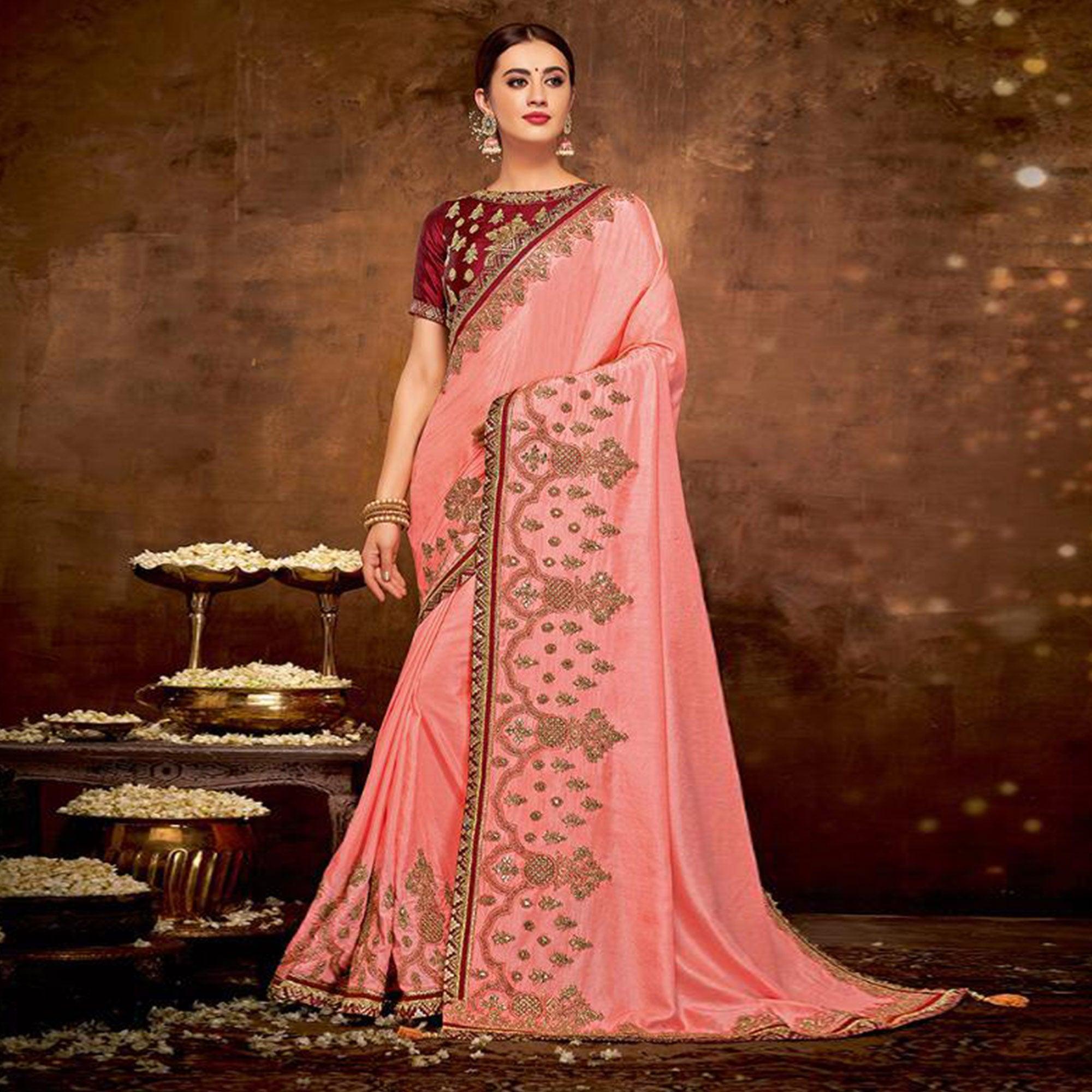 Imposing Pink Colored Partywear Embroidered Silk-Georgette Saree - Peachmode