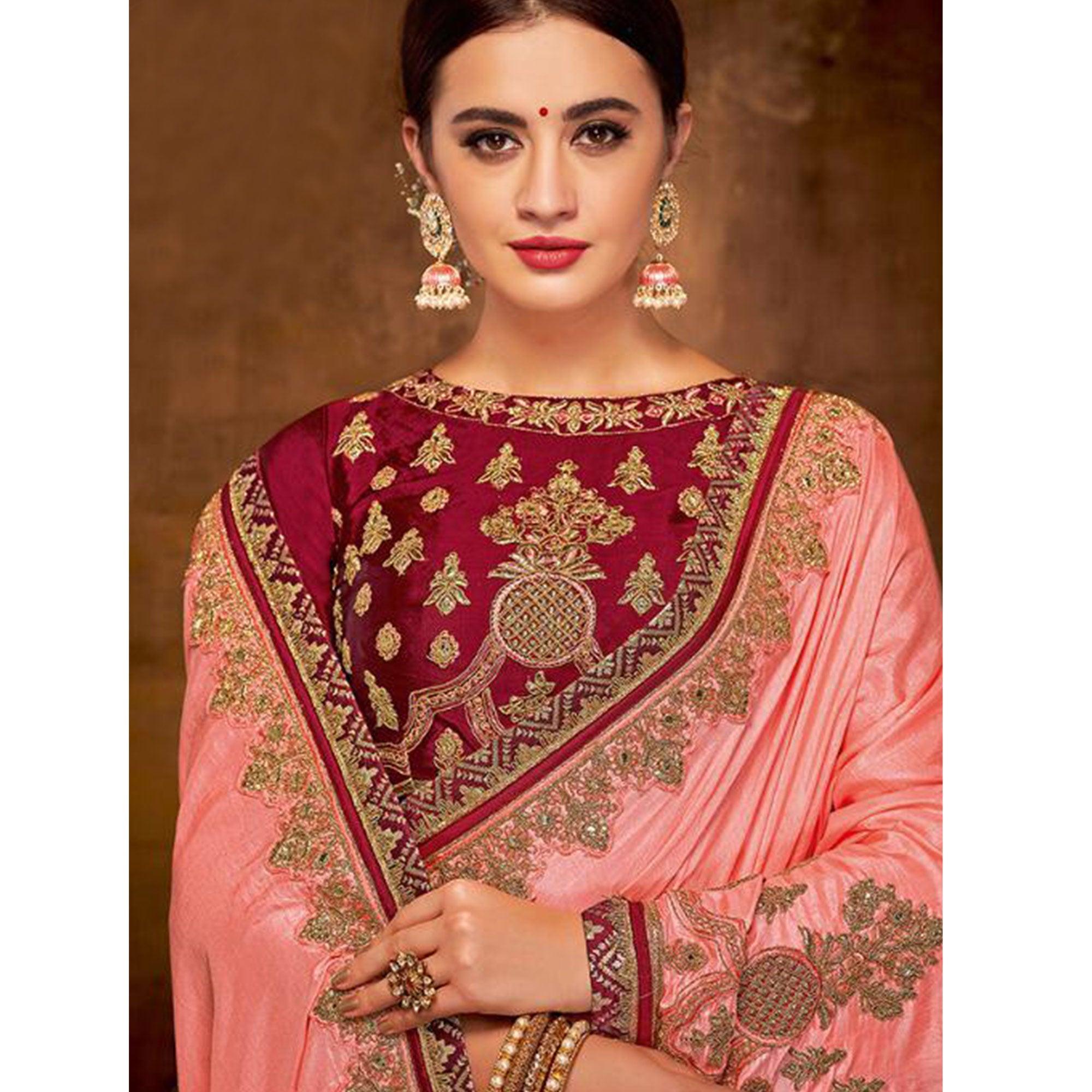 Imposing Pink Colored Partywear Embroidered Silk-Georgette Saree - Peachmode