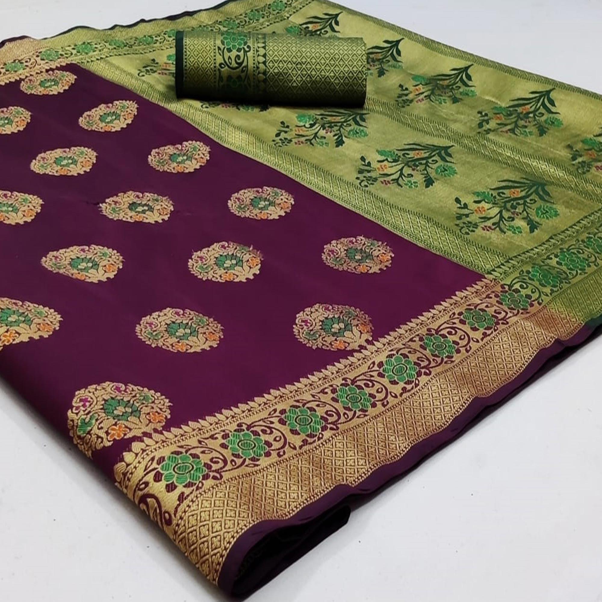 Imposing Purple Colored Festive Wear Woven Silk Saree - Peachmode