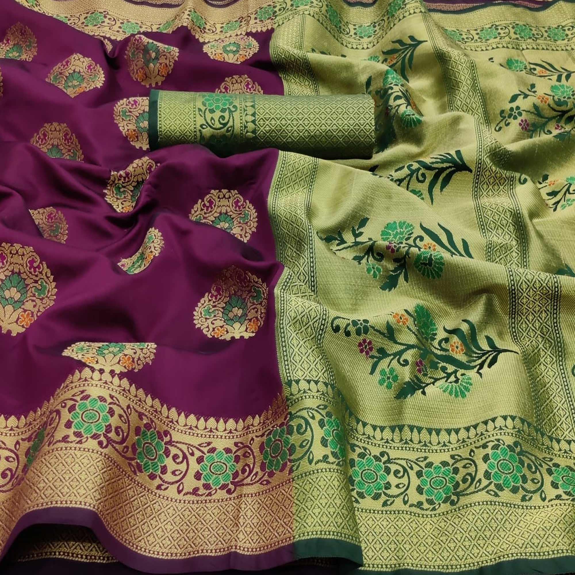 Imposing Purple Colored Festive Wear Woven Silk Saree - Peachmode