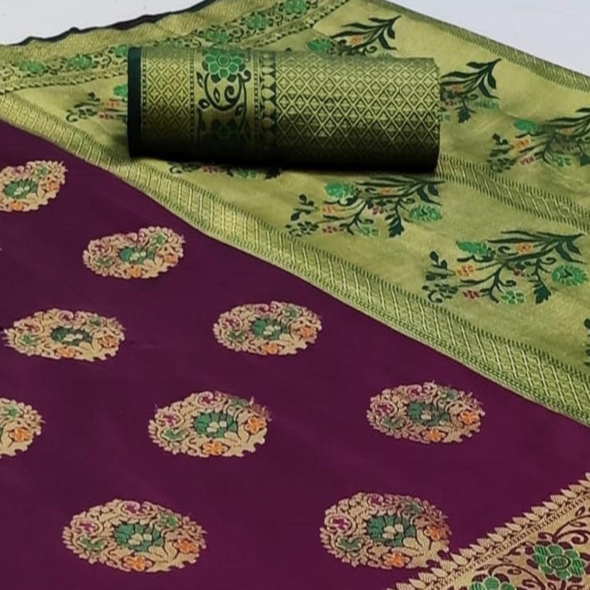 Imposing Purple Colored Festive Wear Woven Silk Saree - Peachmode