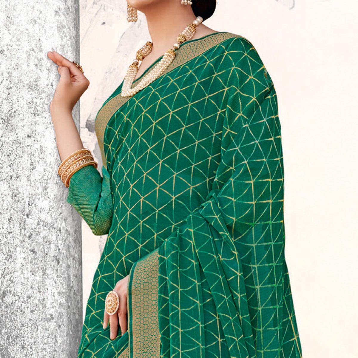 Imposing Rama Coloured Partywear Printed Chiffon Saree - Peachmode