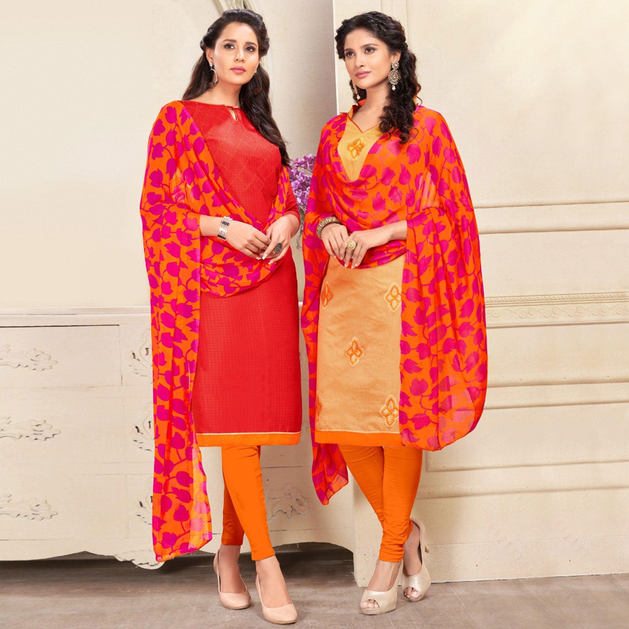 Imposing Red And Beige Colored Dual Top Chanderi - Cotton Dress Material - Peachmode