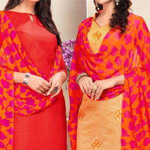 Imposing Red And Beige Colored Dual Top Chanderi - Cotton Dress Material - Peachmode