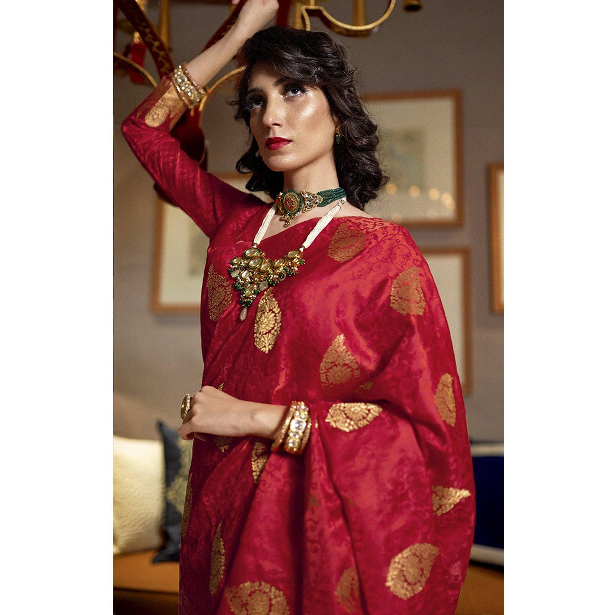 Imposing Red Colored Festive Wear Weaving Pure Satin Saree - Peachmode