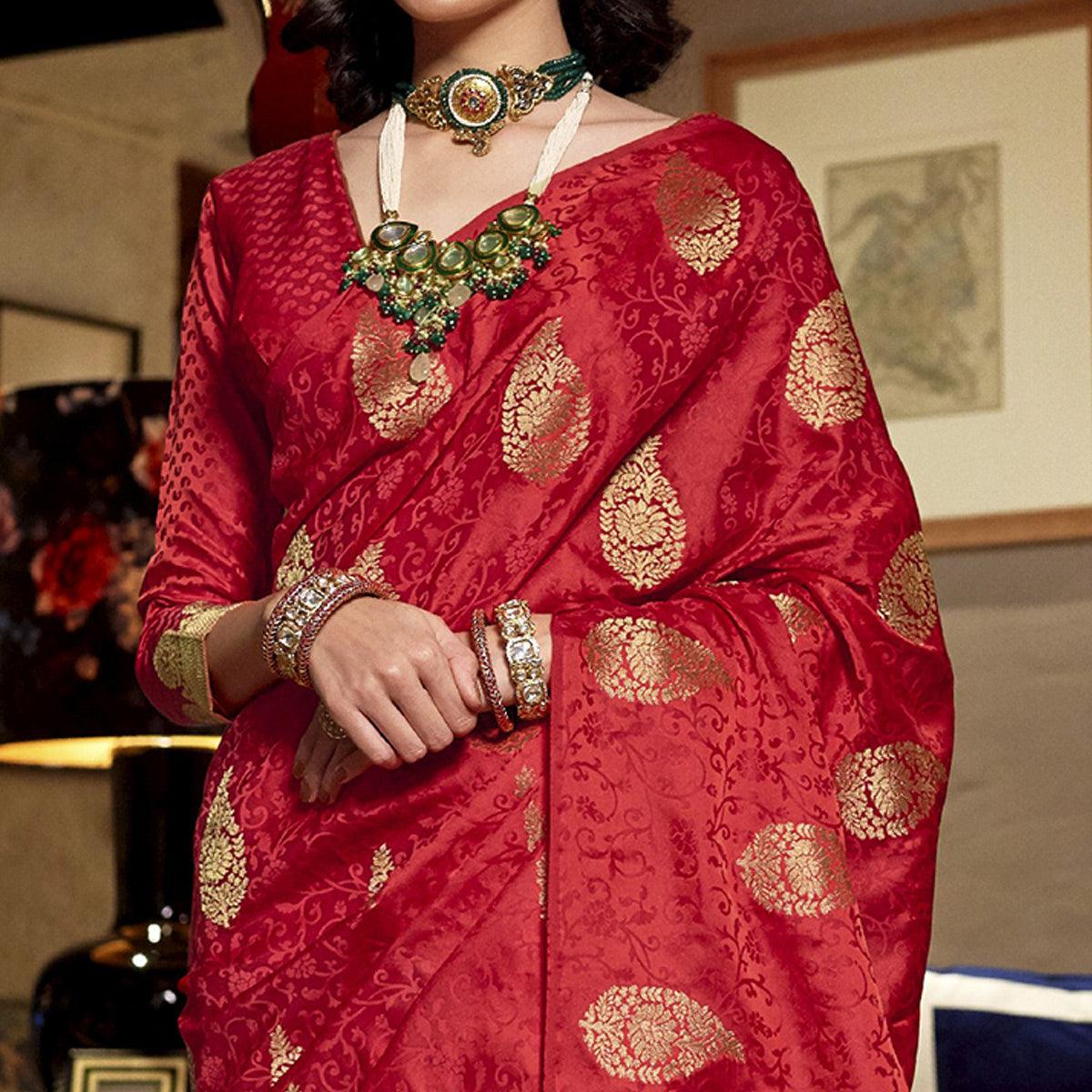 Imposing Red Colored Festive Wear Weaving Pure Satin Saree - Peachmode