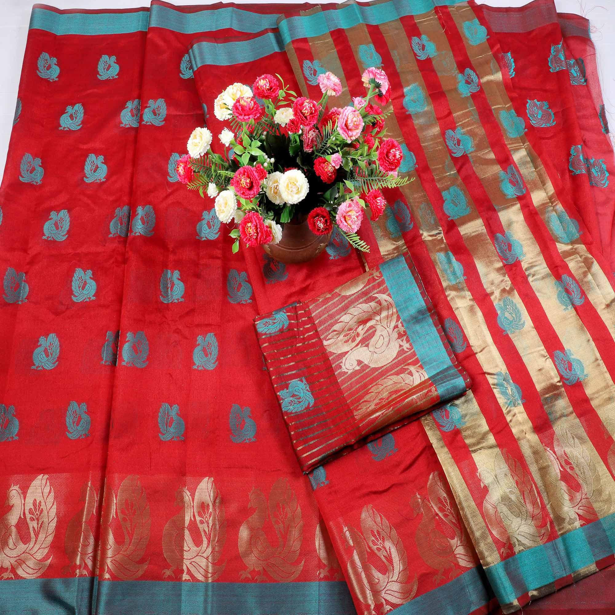 Imposing Red Colored Festive Wear Woven Cotton Silk Saree - Peachmode