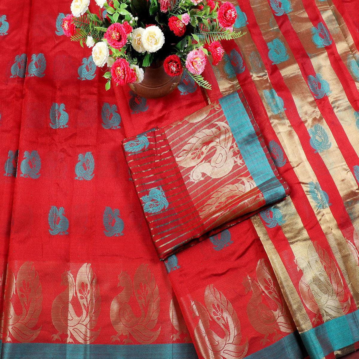 Imposing Red Colored Festive Wear Woven Cotton Silk Saree - Peachmode