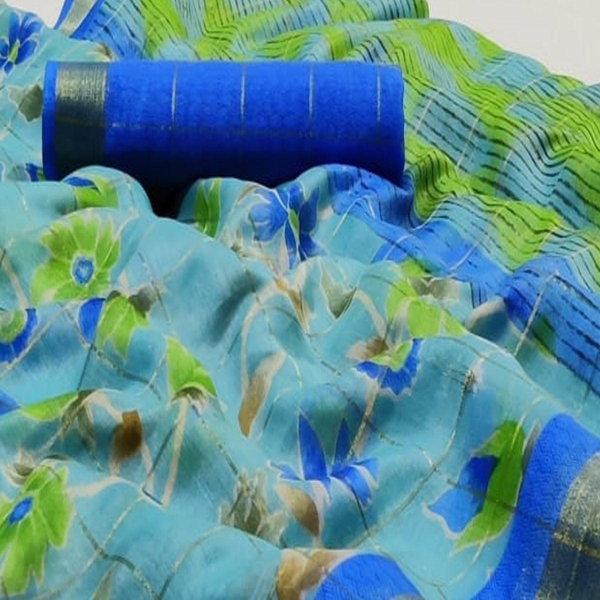 Imposing Sea Blue Colored Casual Wear Fancy Printed Cotton Saree - Peachmode