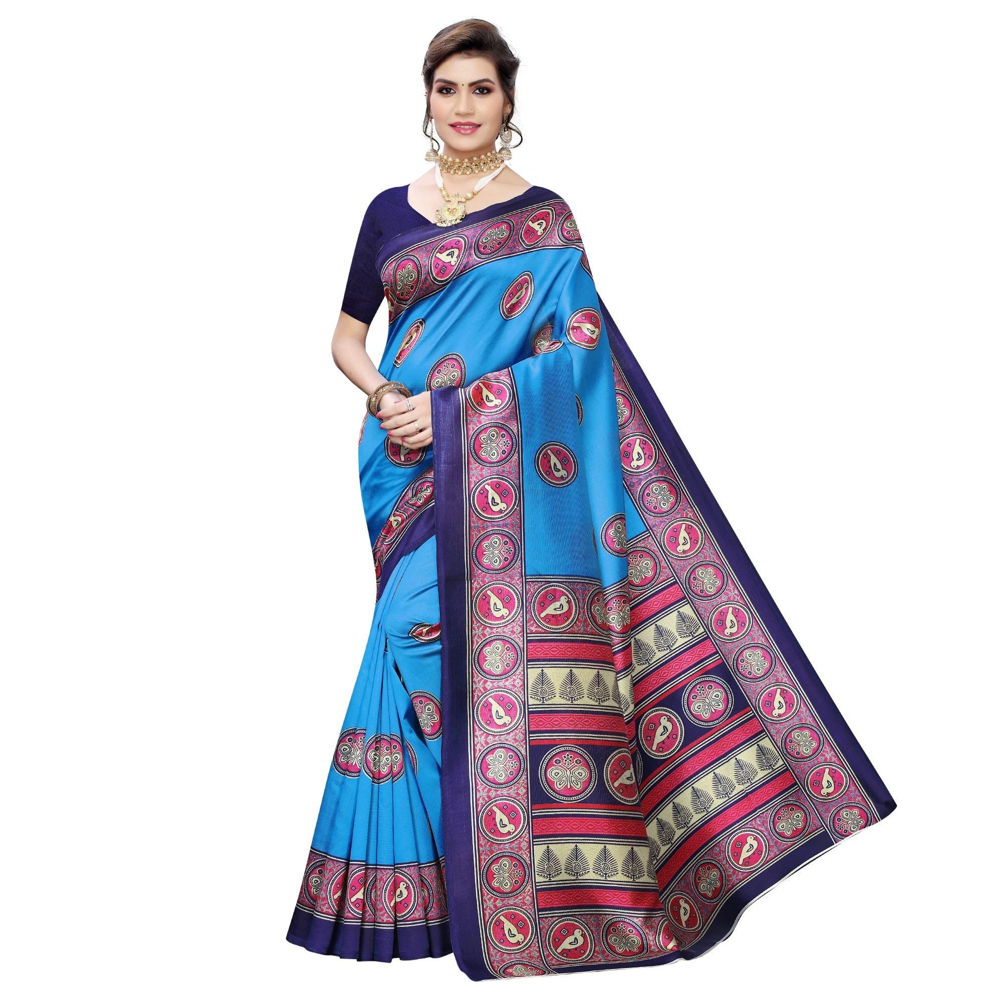 Imposing Sky Blue Colored Casual Wear Printed Art Silk Saree - Peachmode