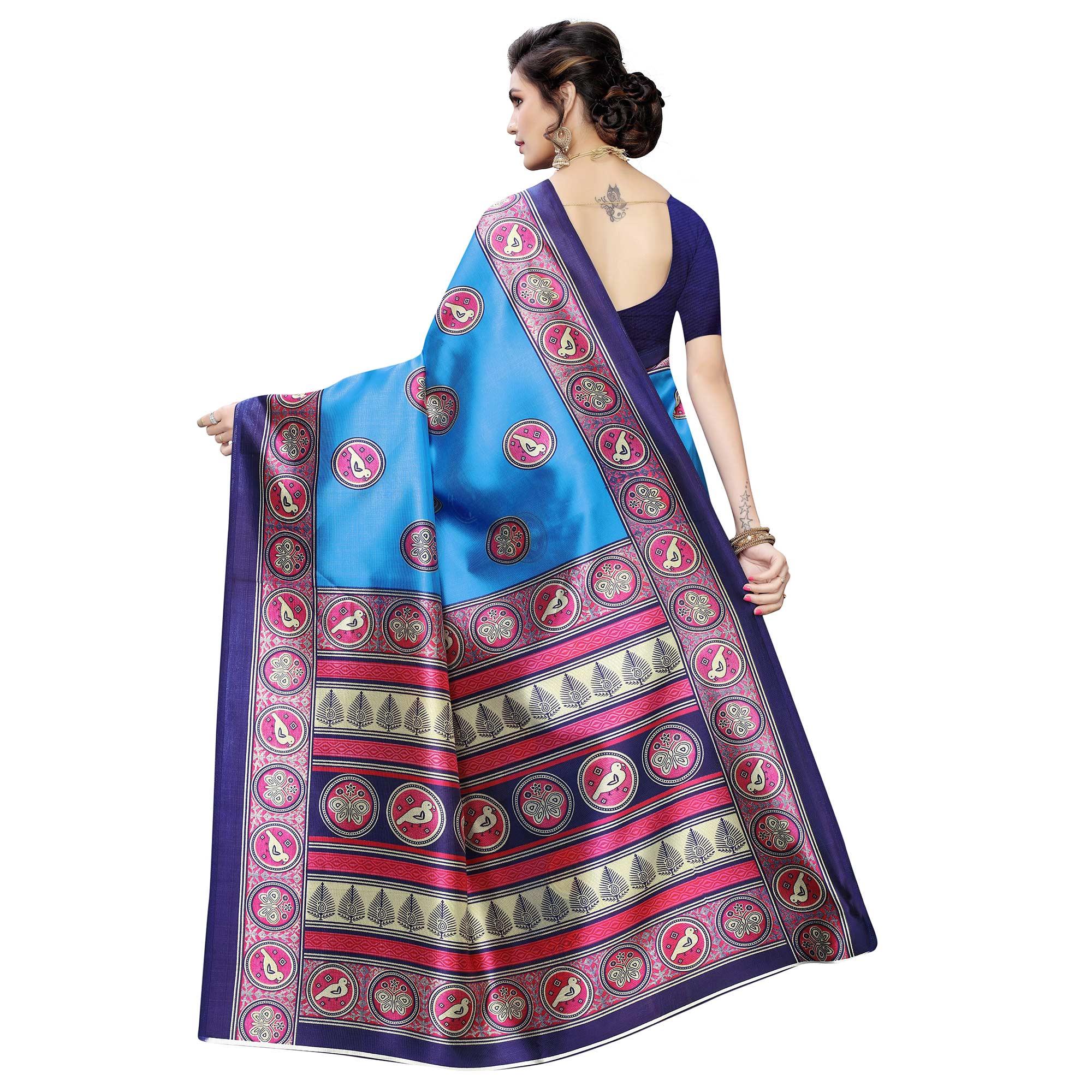 Imposing Sky Blue Colored Casual Wear Printed Art Silk Saree - Peachmode