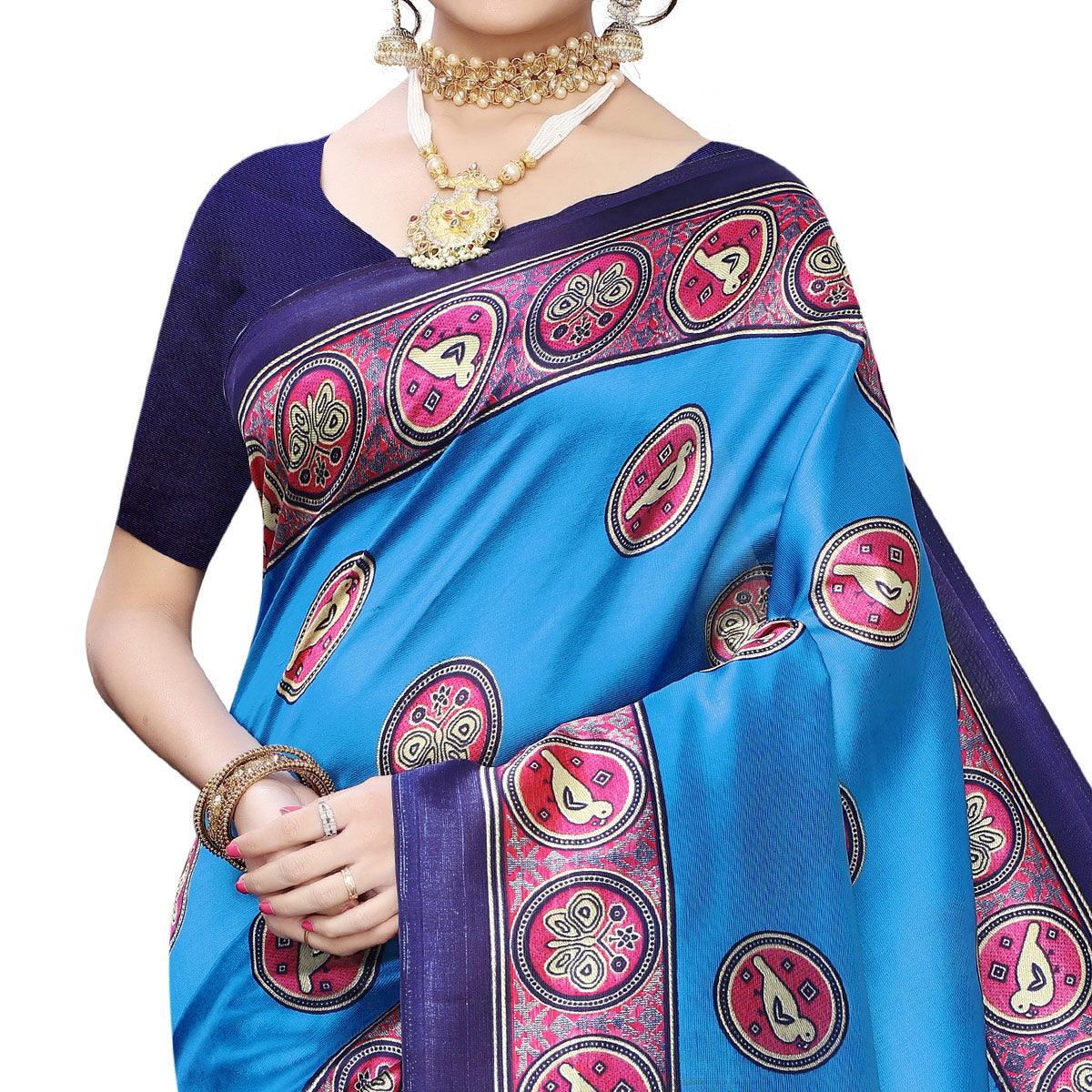 Imposing Sky Blue Colored Casual Wear Printed Art Silk Saree - Peachmode