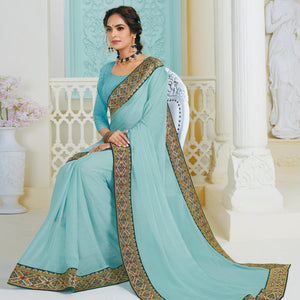 Imposing Sky Blue Colored Partywear Foil Work Chiffon Saree - Peachmode