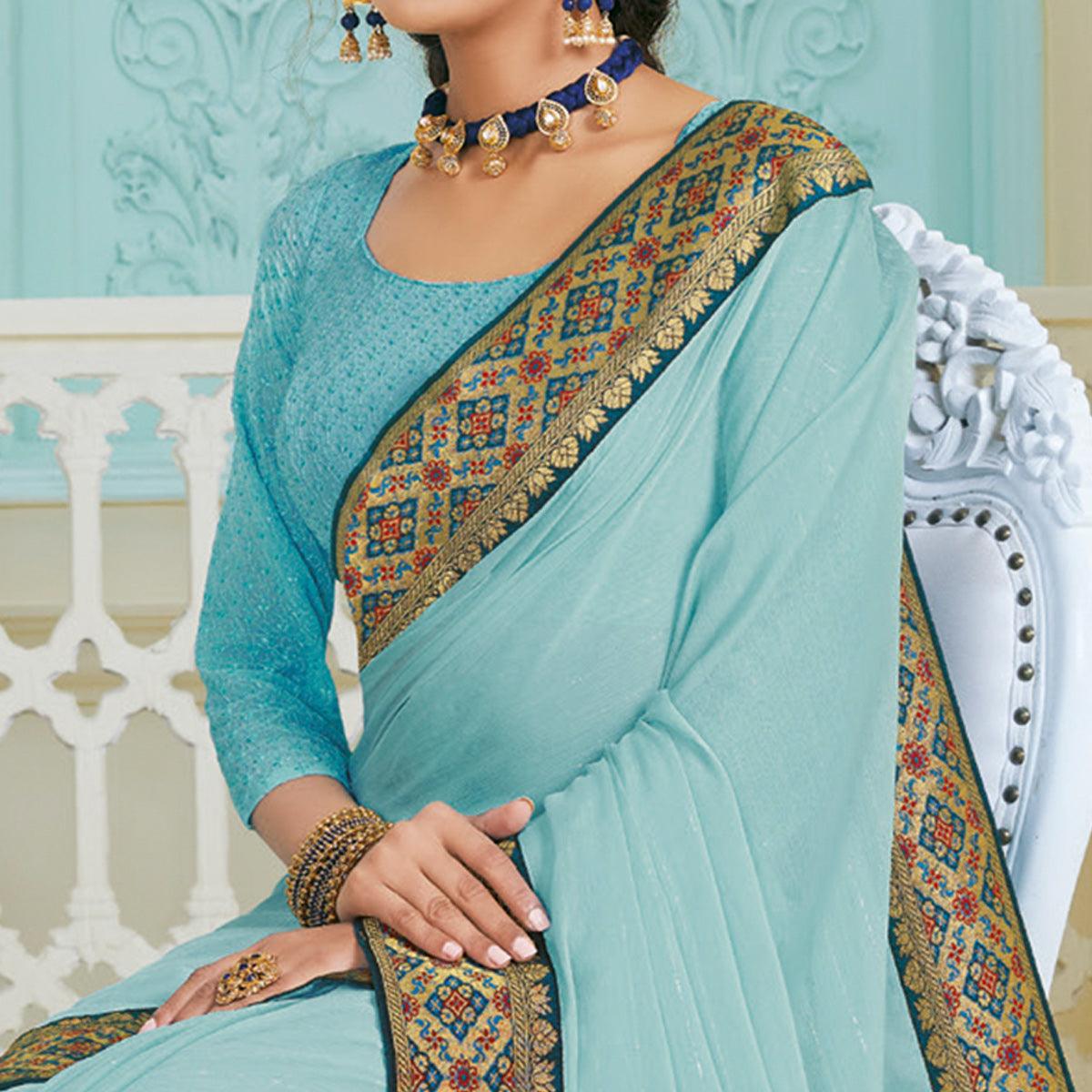 Imposing Sky Blue Colored Partywear Foil Work Chiffon Saree - Peachmode
