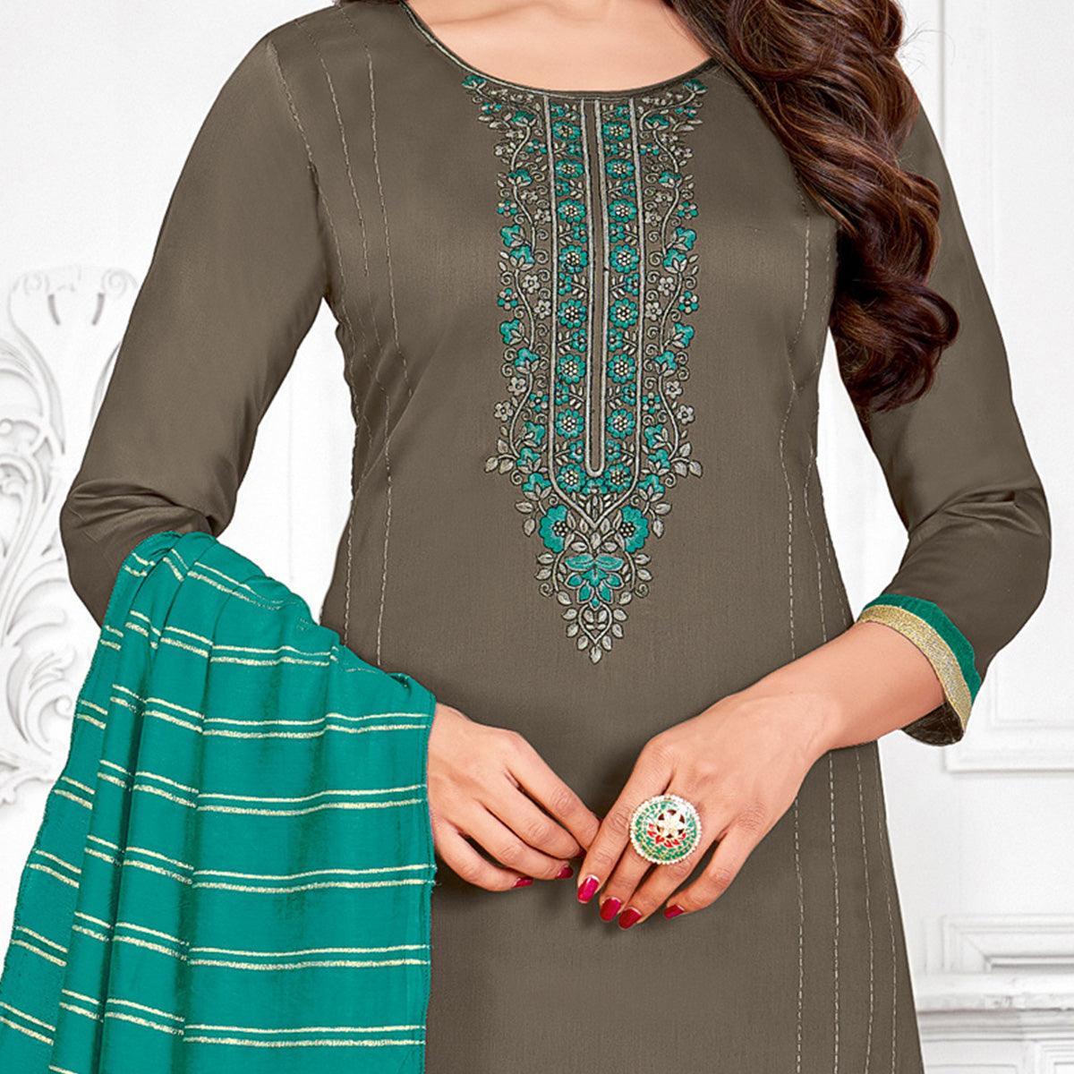 Imposing Steel-Grey Colored Partywear Designer Embroidery Cotton Salwar Suit - Peachmode