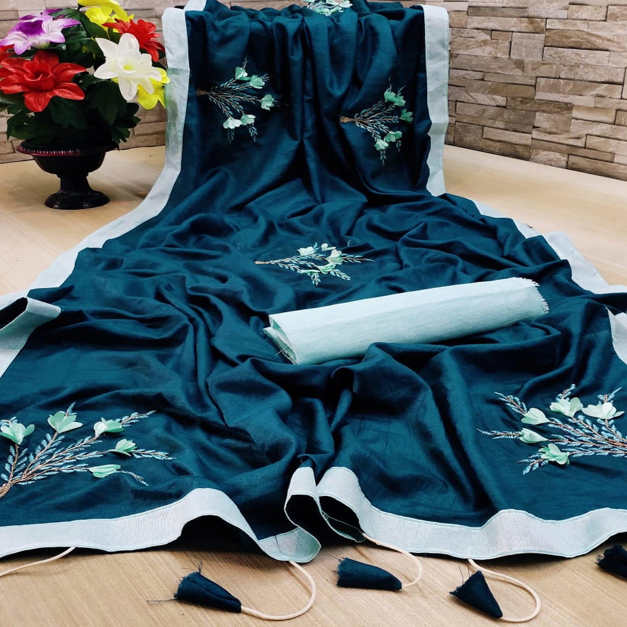 Imposing Teal Blue Colored Festive Wear Woven Dola Silk Saree - Peachmode