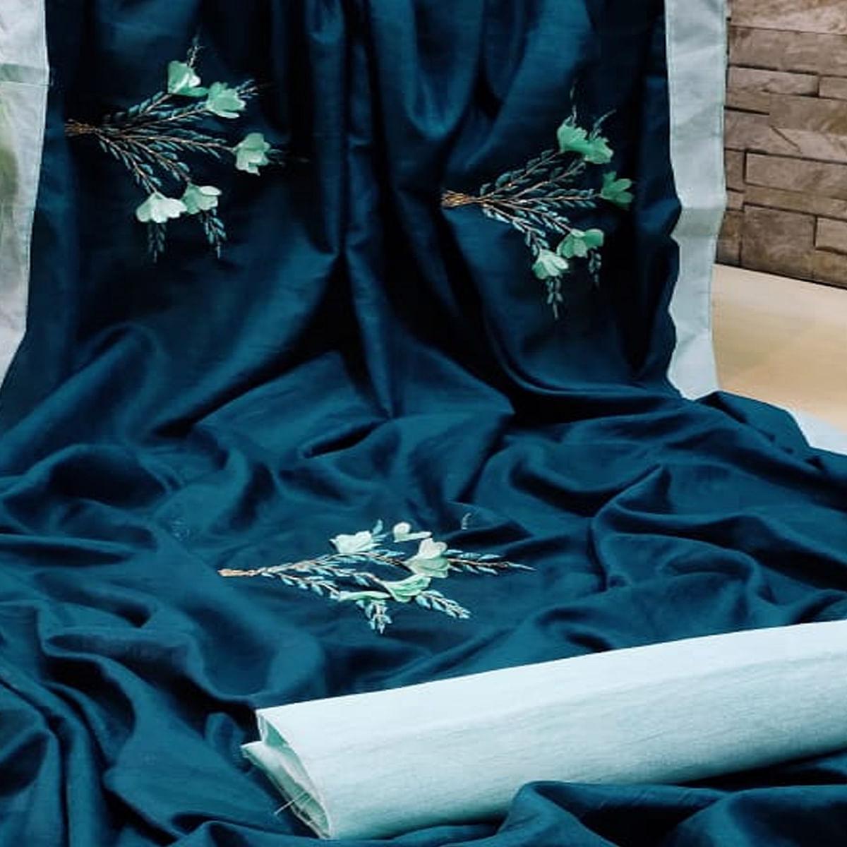 Imposing Teal Blue Colored Festive Wear Woven Dola Silk Saree - Peachmode