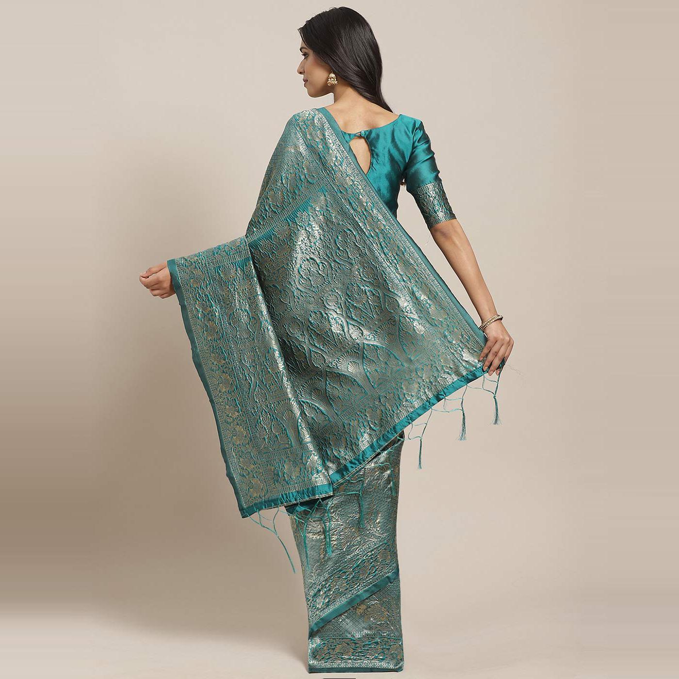 Imposing Teal Green Colored Festive Wear Woven Silk Blend Saree - Peachmode