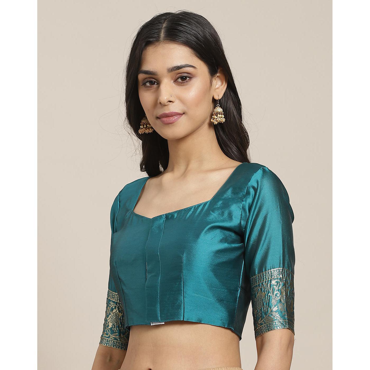 Imposing Teal Green Colored Festive Wear Woven Silk Blend Saree - Peachmode