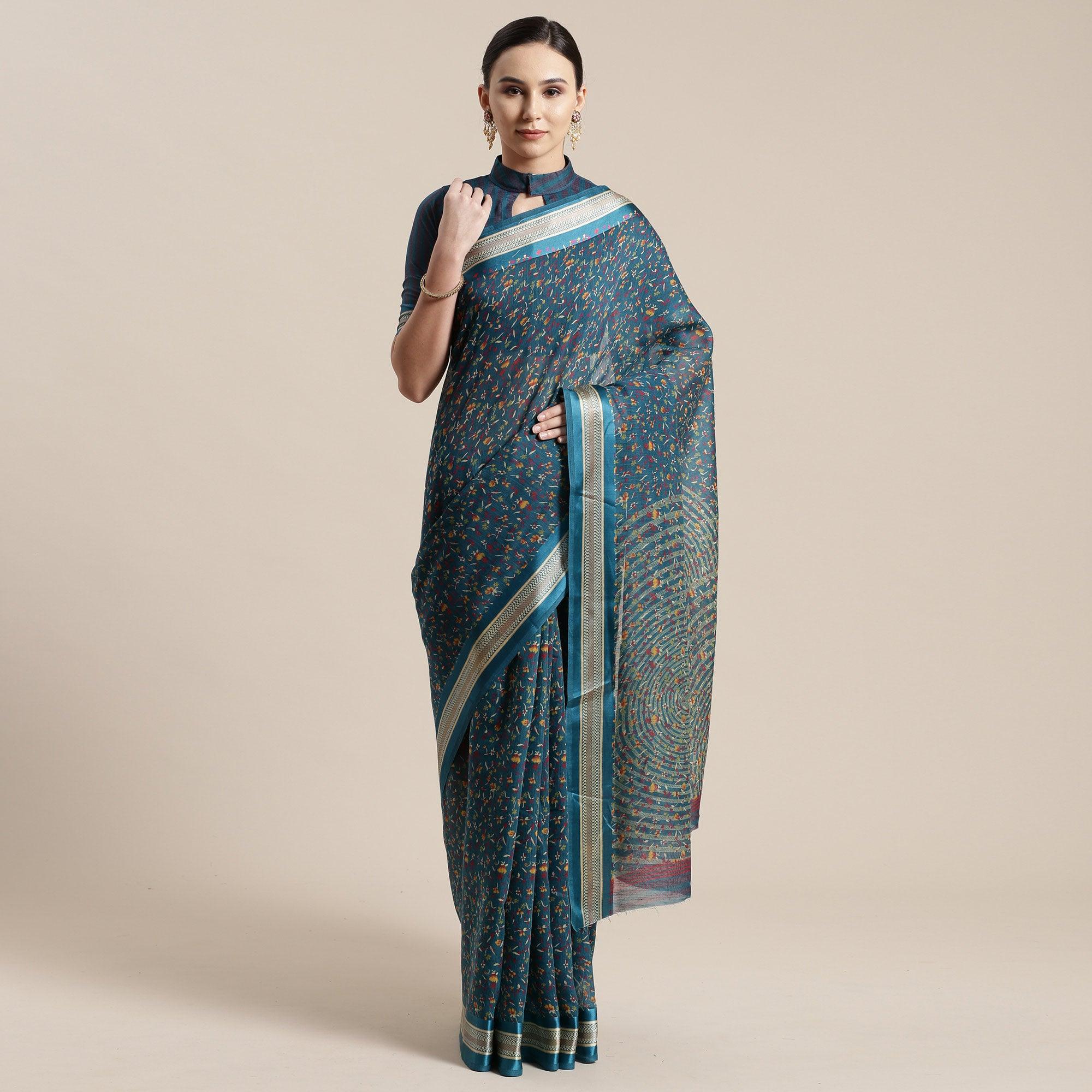 Imposing Turquoise Colored Casual Wear Floral Printed Cotton Silk Saree - Peachmode
