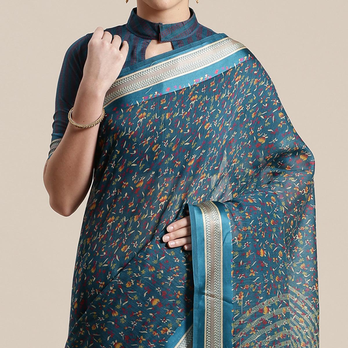 Imposing Turquoise Colored Casual Wear Floral Printed Cotton Silk Saree - Peachmode