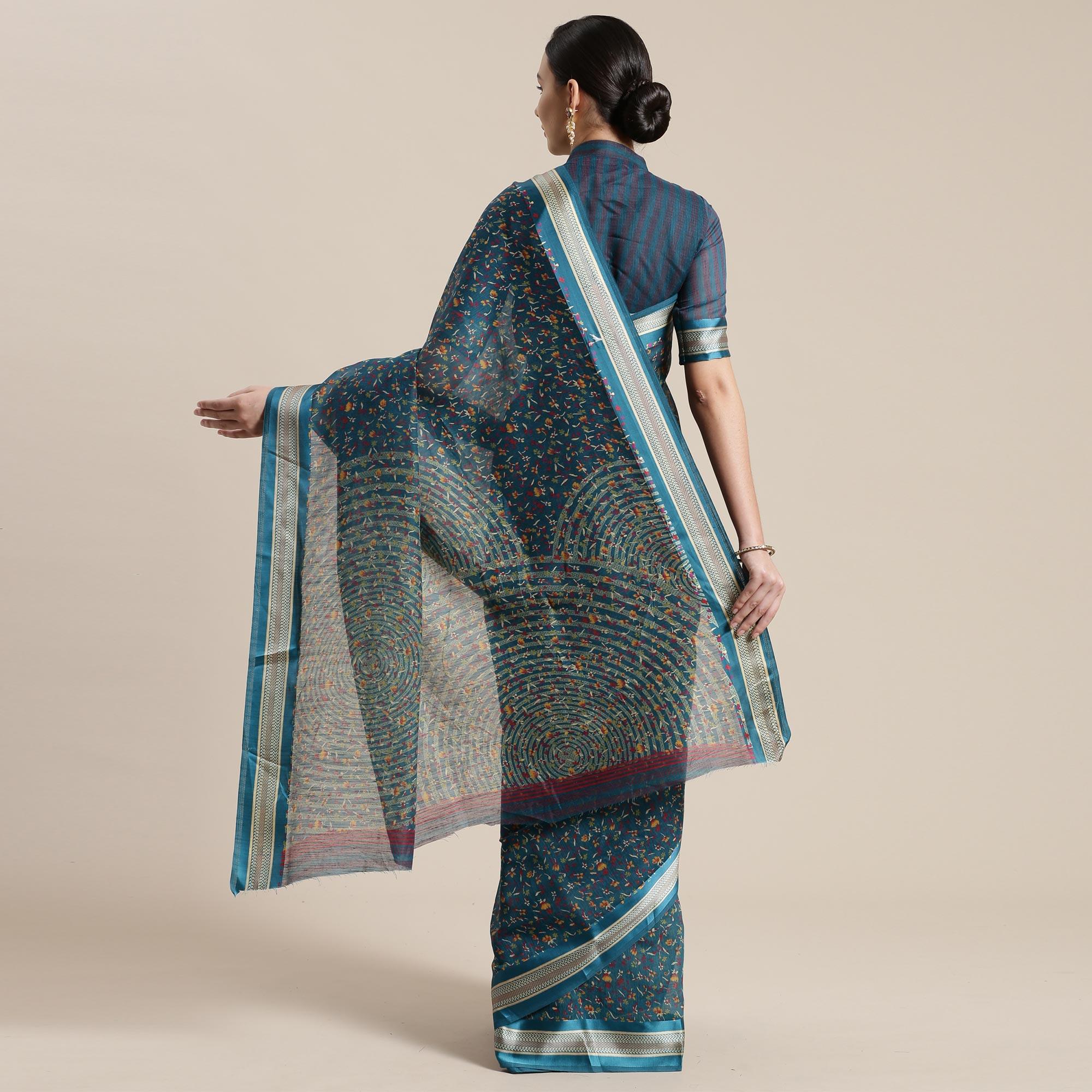 Imposing Turquoise Colored Casual Wear Floral Printed Cotton Silk Saree - Peachmode
