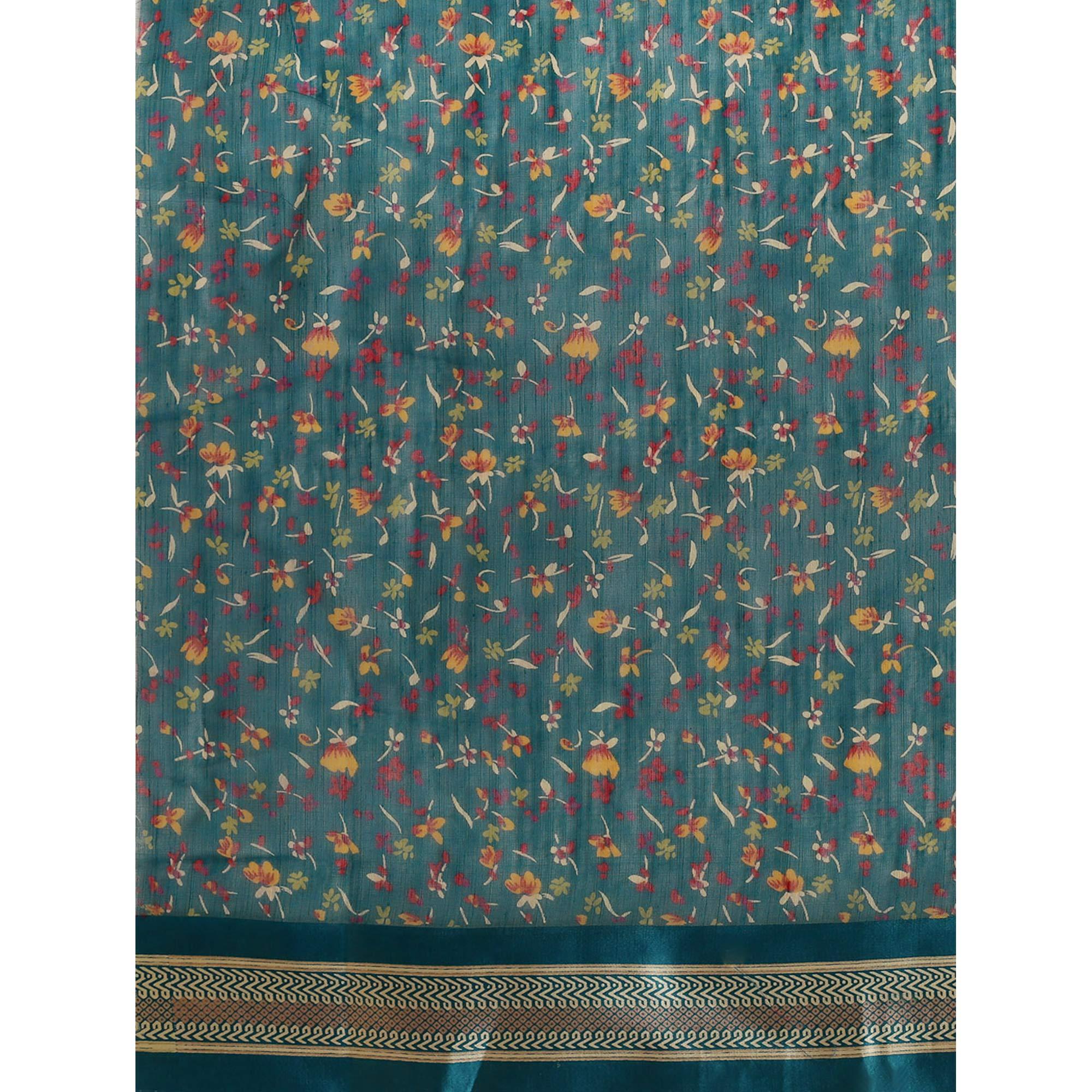 Imposing Turquoise Colored Casual Wear Floral Printed Cotton Silk Saree - Peachmode