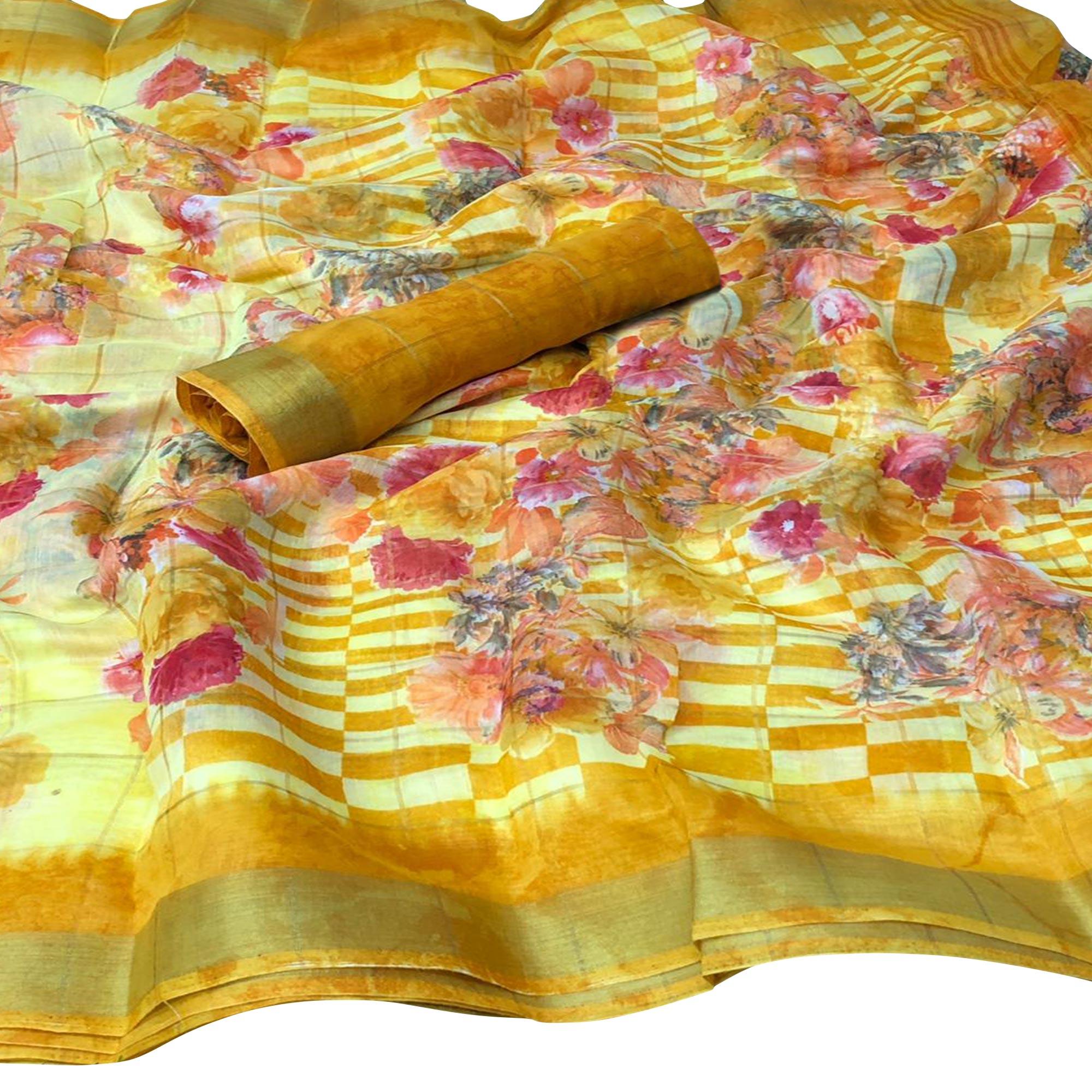 Imposing Yellow Colored Casual Floral Printed Cotton Saree - Peachmode