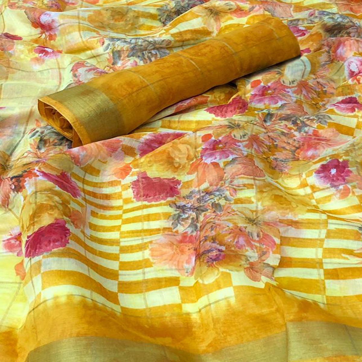 Imposing Yellow Colored Casual Floral Printed Cotton Saree - Peachmode