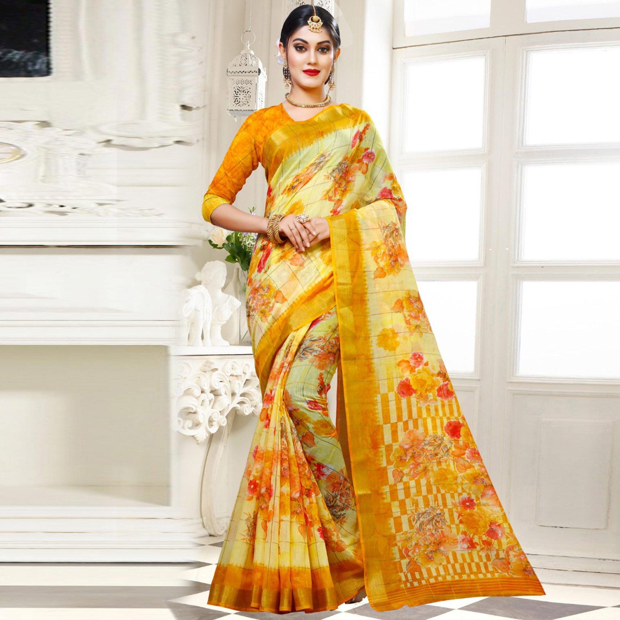 Imposing Yellow Colored Casual Floral Printed Cotton Saree - Peachmode