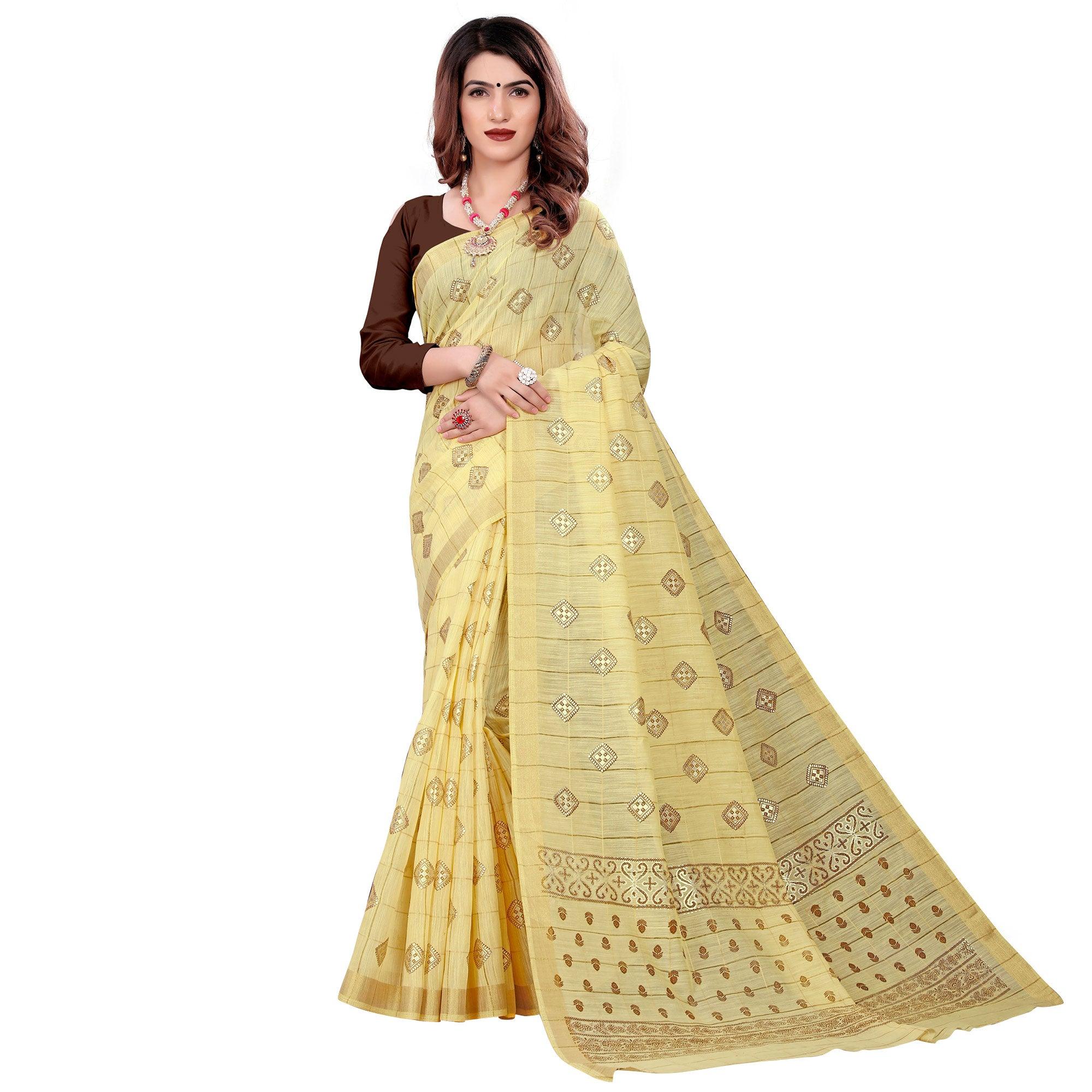 Imposing Yellow Colored Casual Wear Printed Cotton Saree - Peachmode