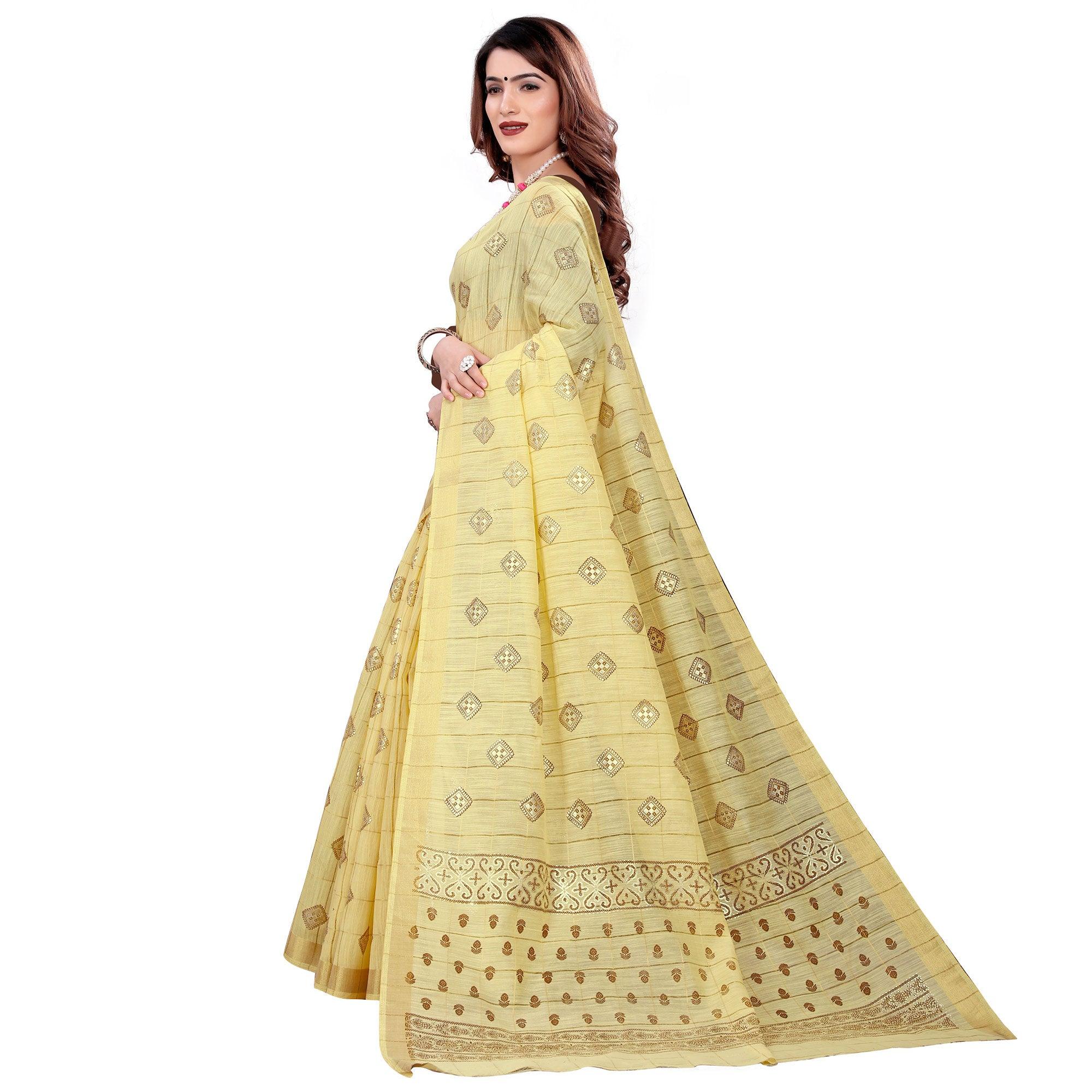 Imposing Yellow Colored Casual Wear Printed Cotton Saree - Peachmode