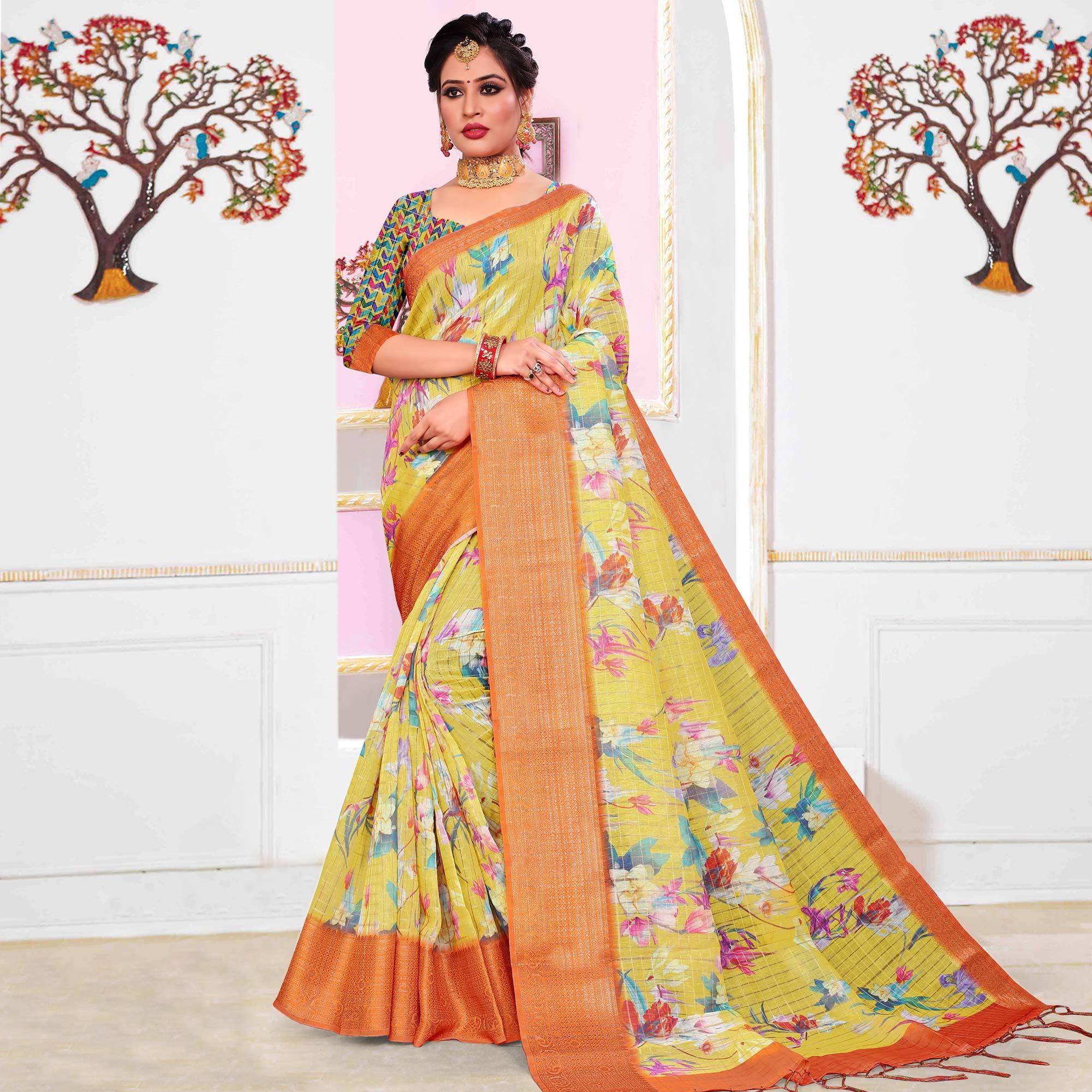 Imposing Yellow Colored Festive Wear Digital Printed Linen Saree - Peachmode