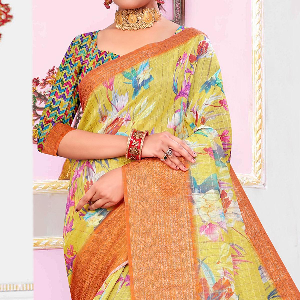 Imposing Yellow Colored Festive Wear Digital Printed Linen Saree - Peachmode